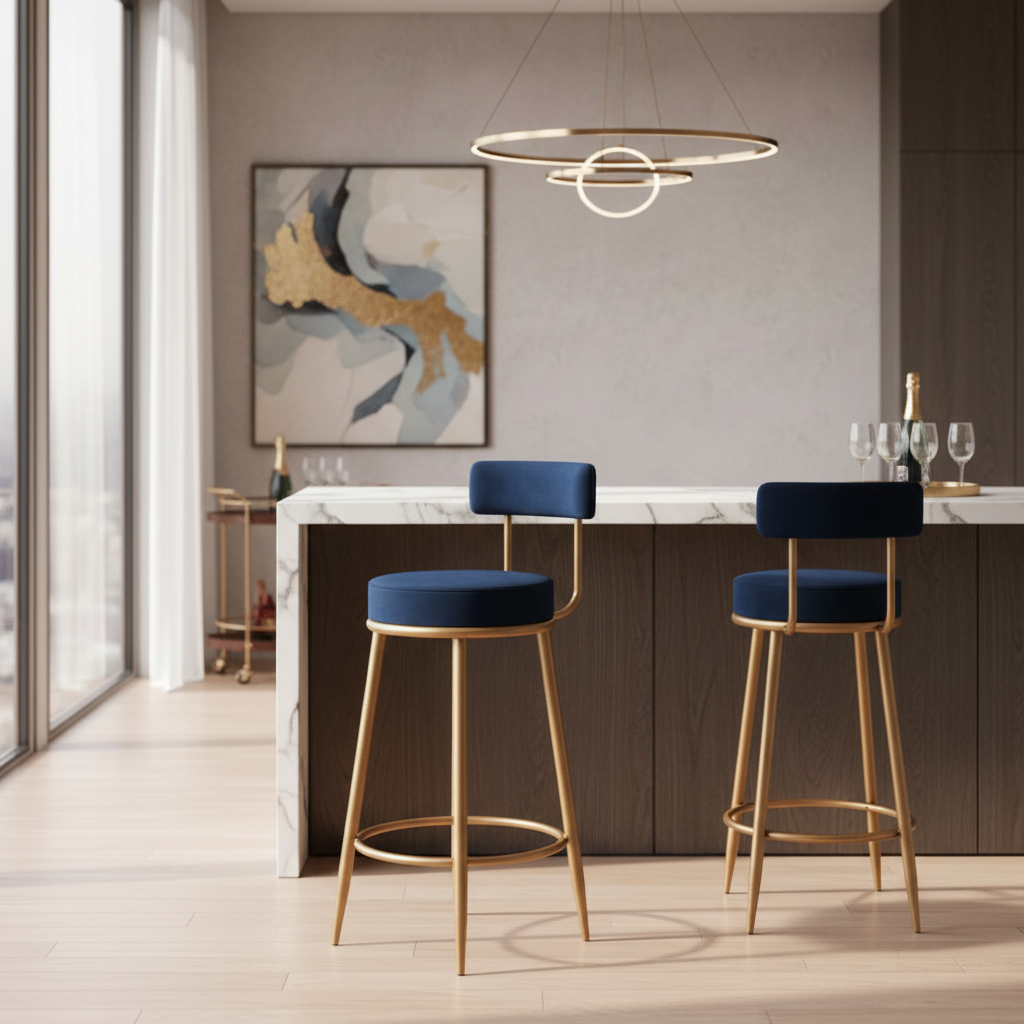 Nutech Decor Velvet Counter Height Bar Stool with Padded Backrest with Black & Gold Legs | Kitchen & Bar Seating