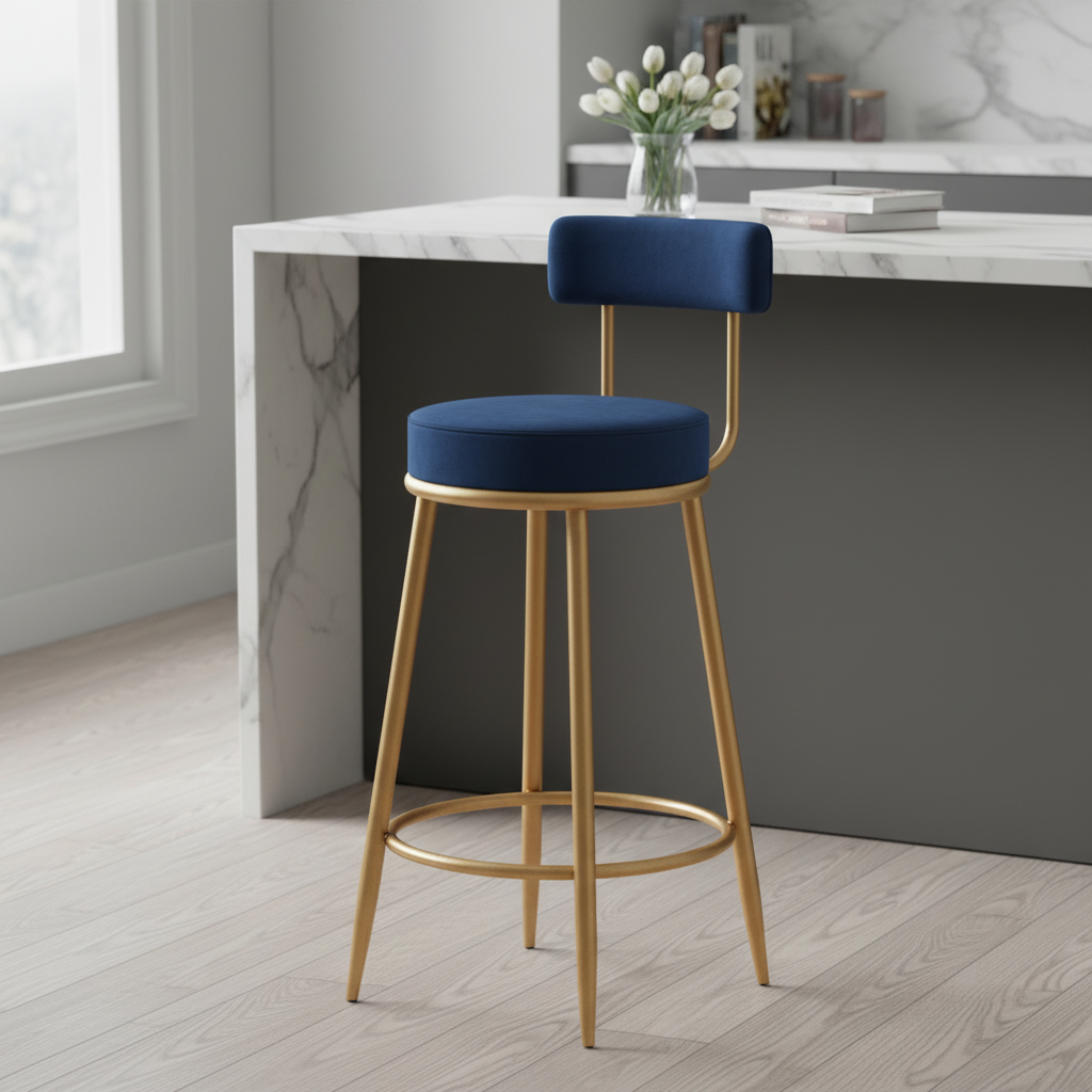 Nutech Decor Velvet Counter Height Bar Stool with Padded Backrest with Black & Gold Legs | Kitchen & Bar Seating