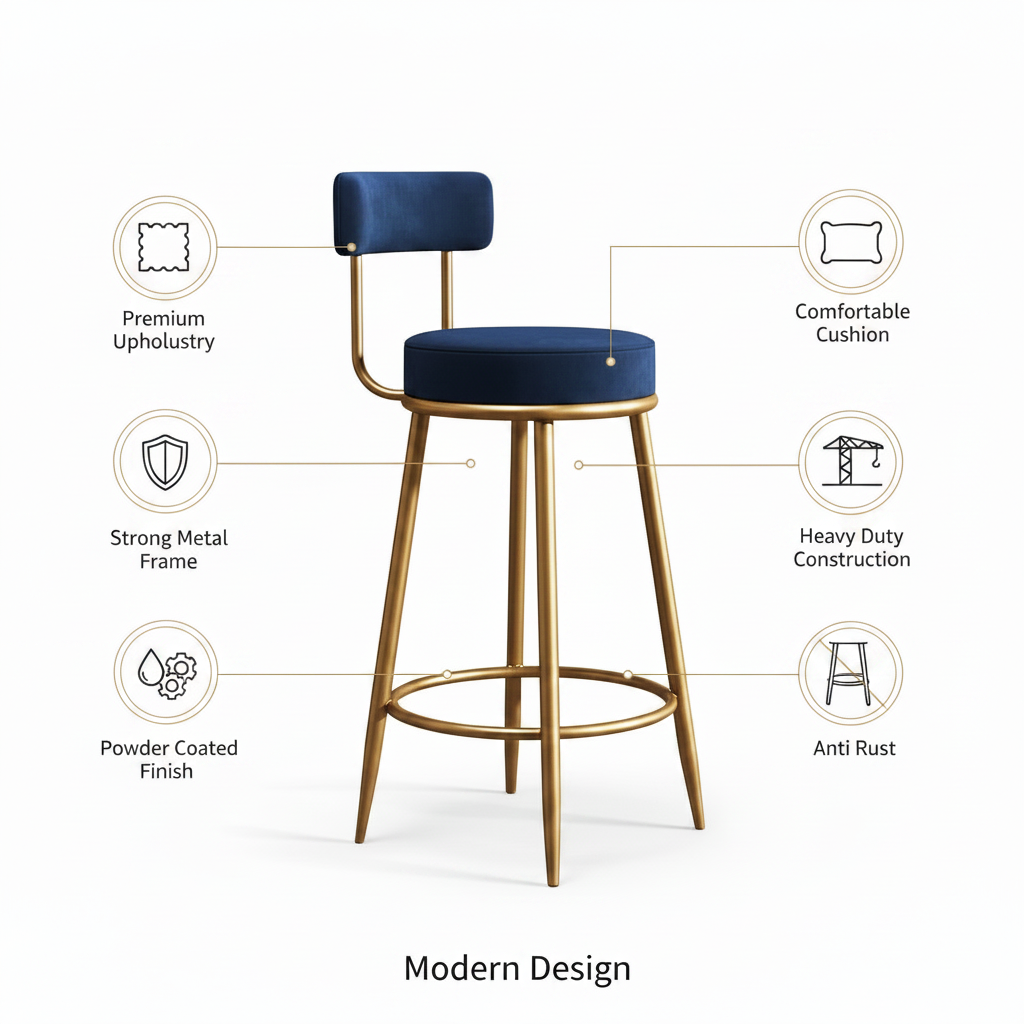Nutech Decor Velvet Counter Height Bar Stool with Padded Backrest with Black & Gold Legs | Kitchen & Bar Seating