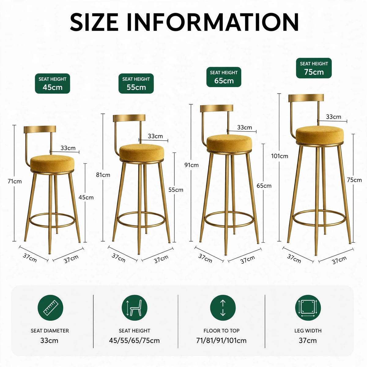 Nutech Decor Velvet Counter Height Bar Stool with Solid Backrest with Black & Gold Legs | Kitchen & Bar Seating
