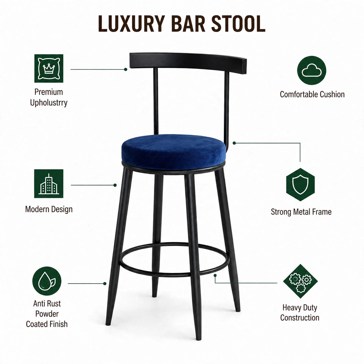 Nutech Decor Velvet Counter Height Bar Stool with Solid Backrest with Black & Gold Legs | Kitchen & Bar Seating