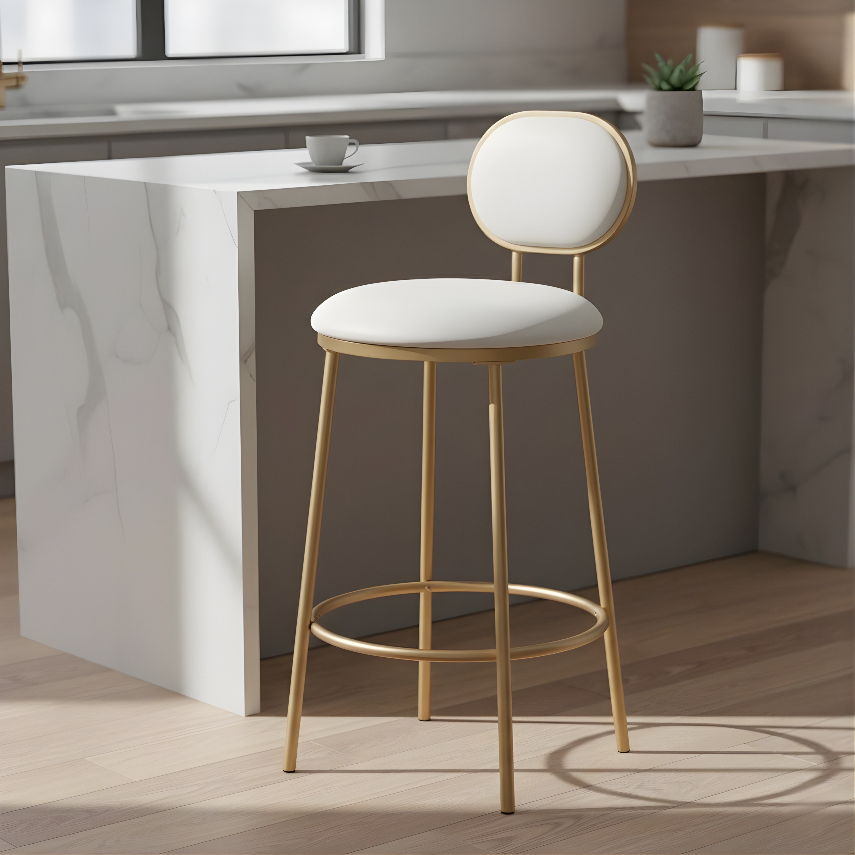 Gold Bar Stool with High Backrest | White Velvet Counter Height Chair with Footrest
