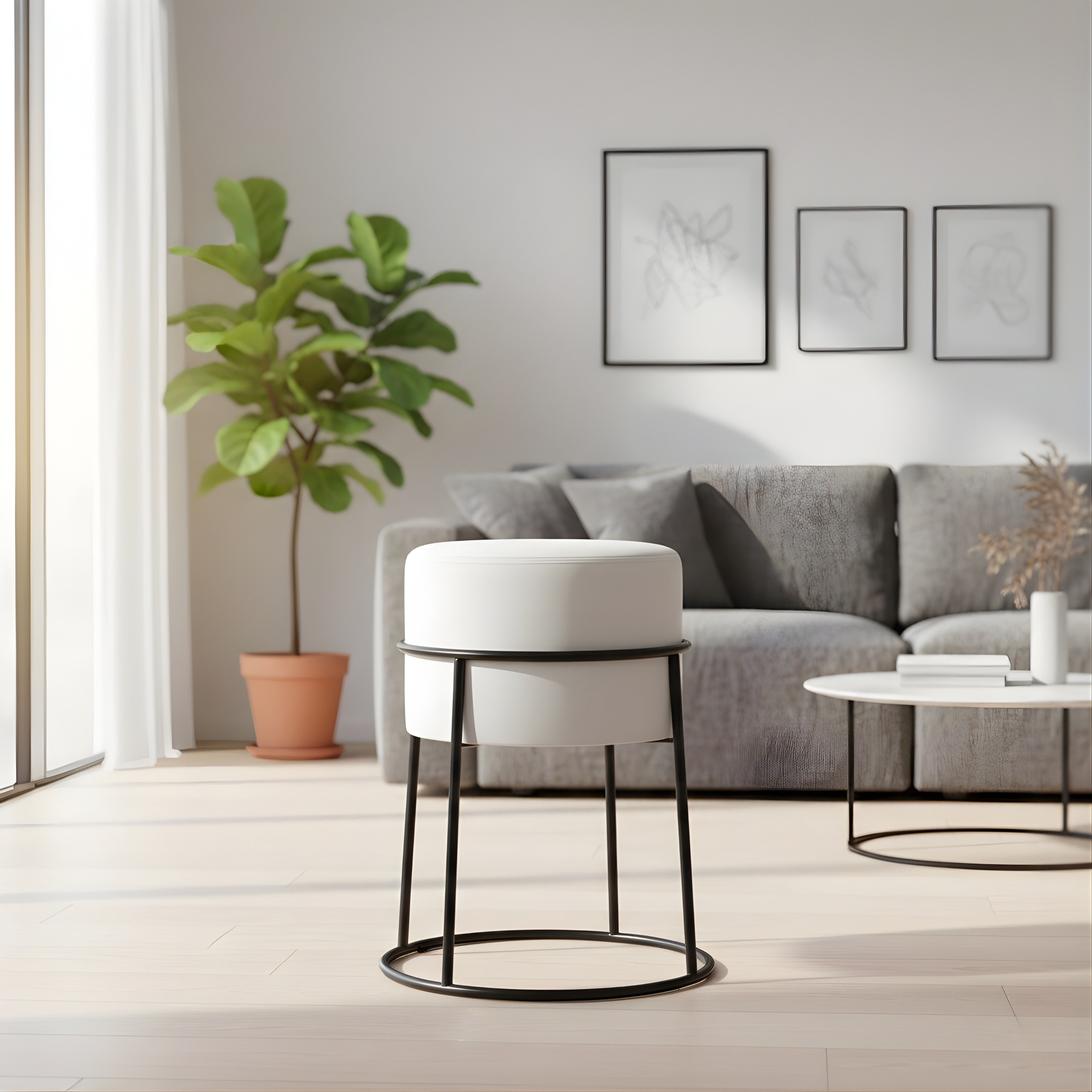 Stylish round ottoman with golden legs, portable comfort stool.