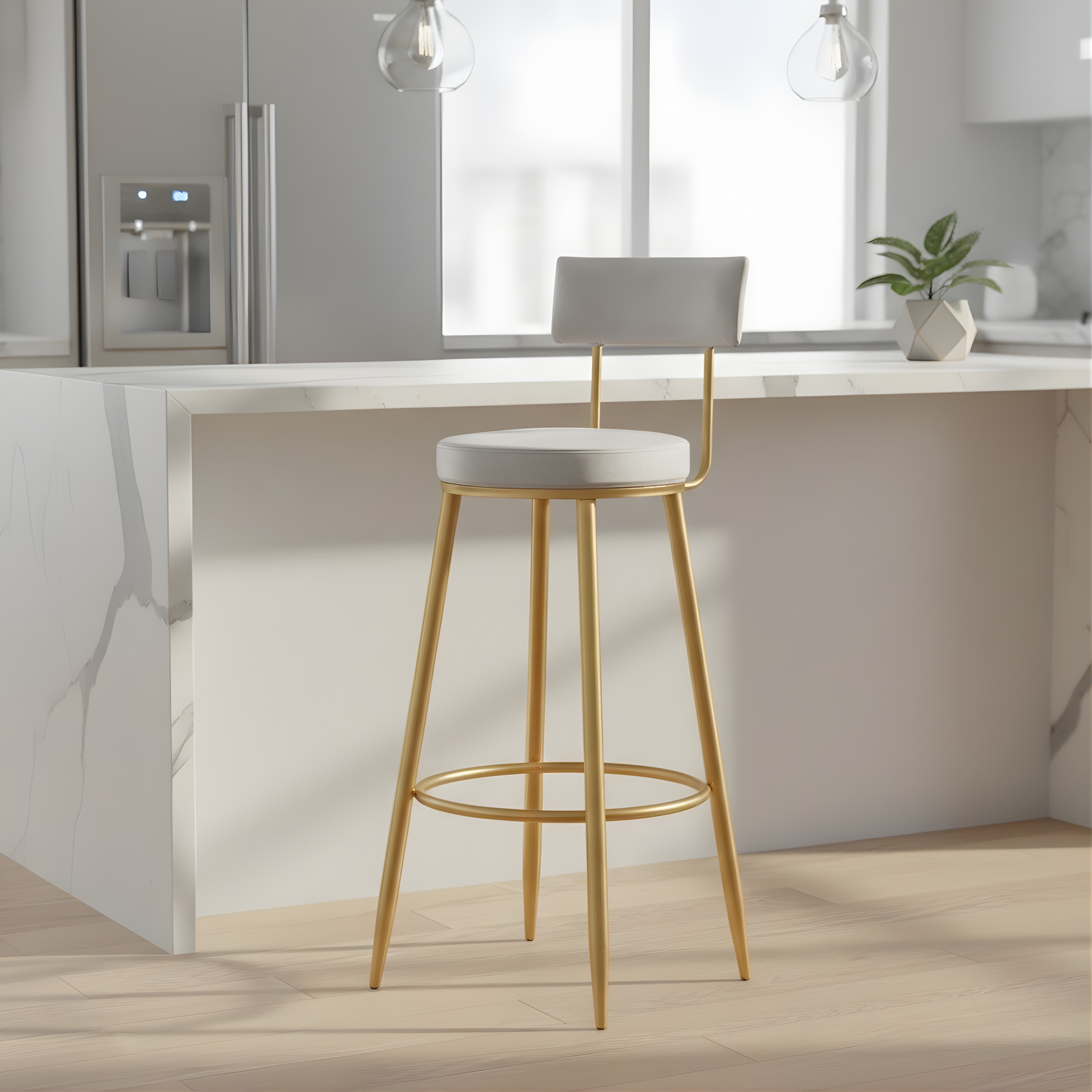 Velvet Counter Height Bar Stool with Backrest & Black Legs | Modern Kitchen Island Chair