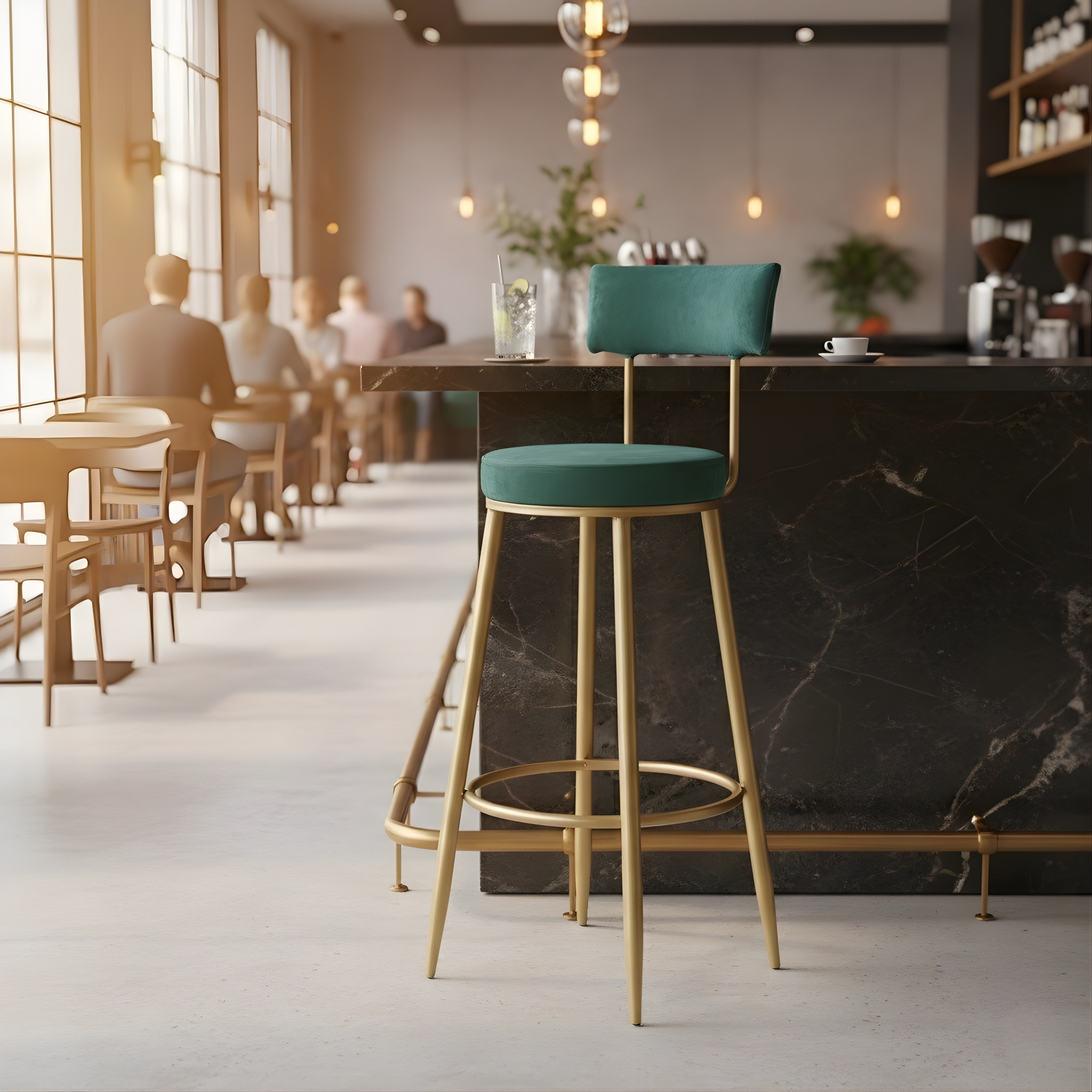 Velvet Counter Height Bar Stool with Backrest & Black Legs | Modern Kitchen Island Chair