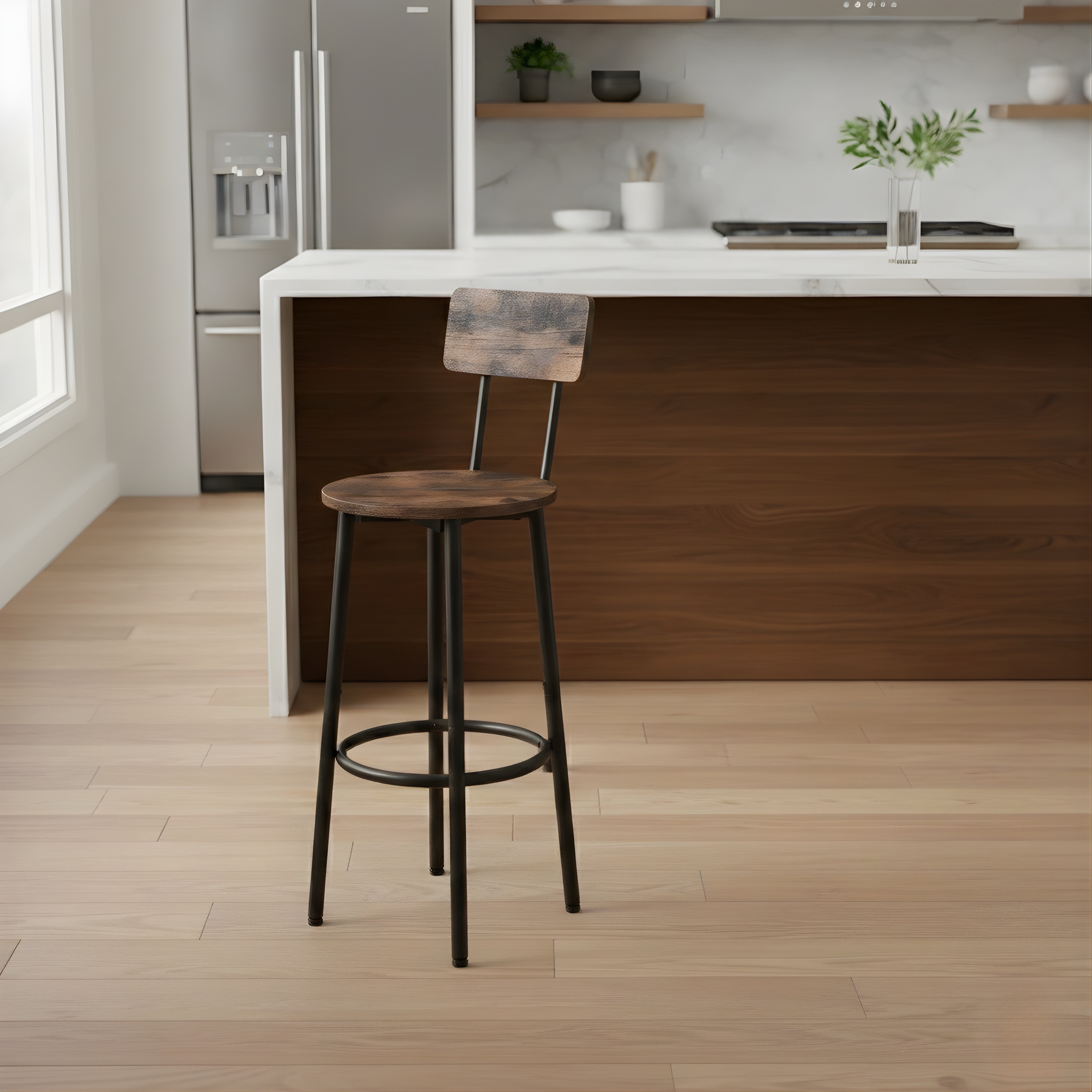 Luxury Wooden Bar Stool with Backrest | Counter Height Dining & Kitchen Chair (Brown)