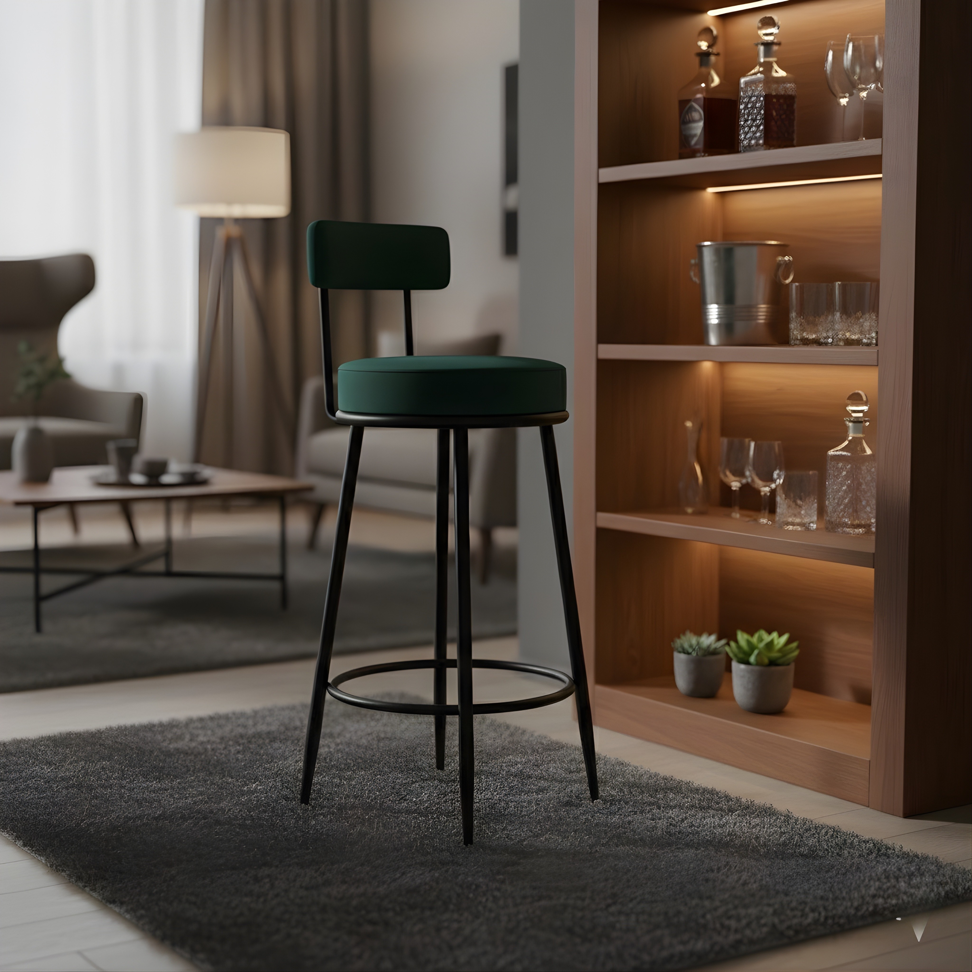 Velvet Counter Stool with Padded Backrest with Black Legs | Kitchen & Bar Seating