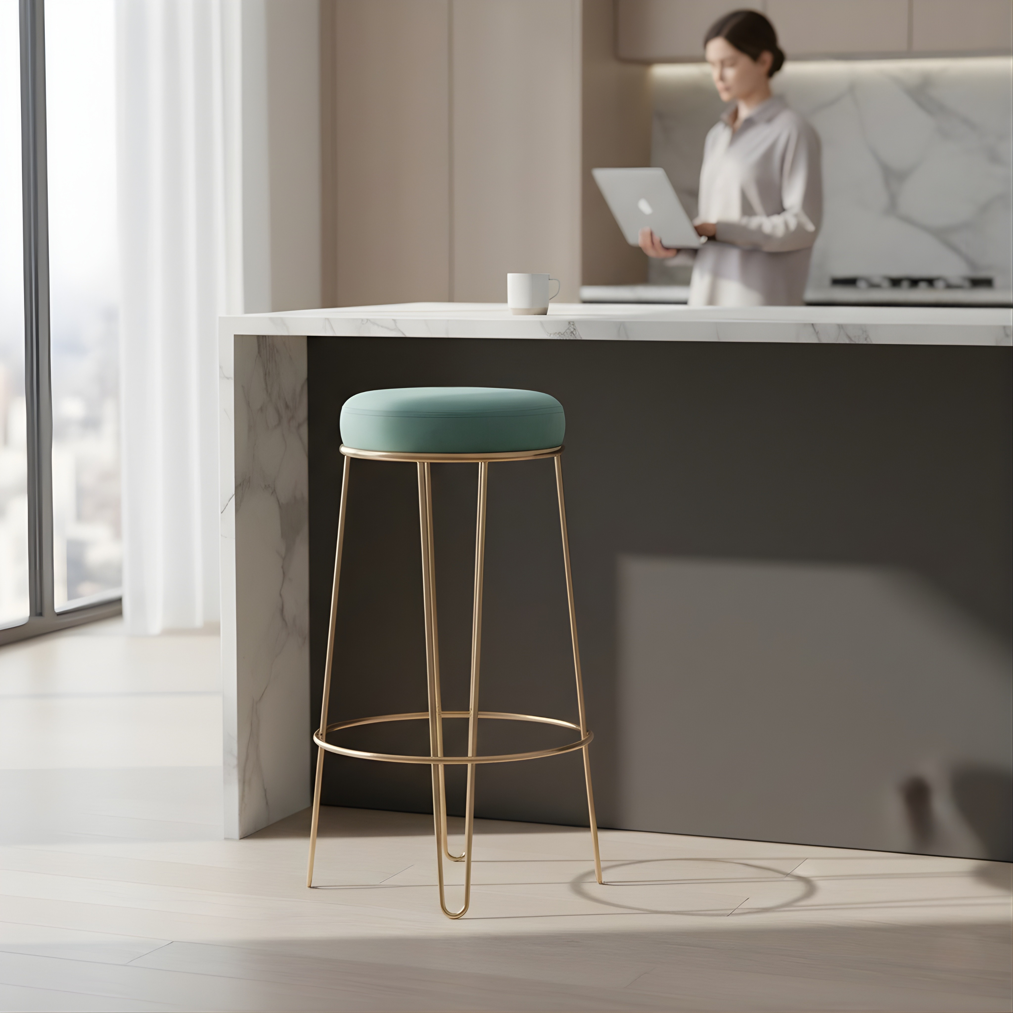 Velvet Bar Stool with Gold Metal Frame | Turquoise Upholstered Counter & Café Seating
