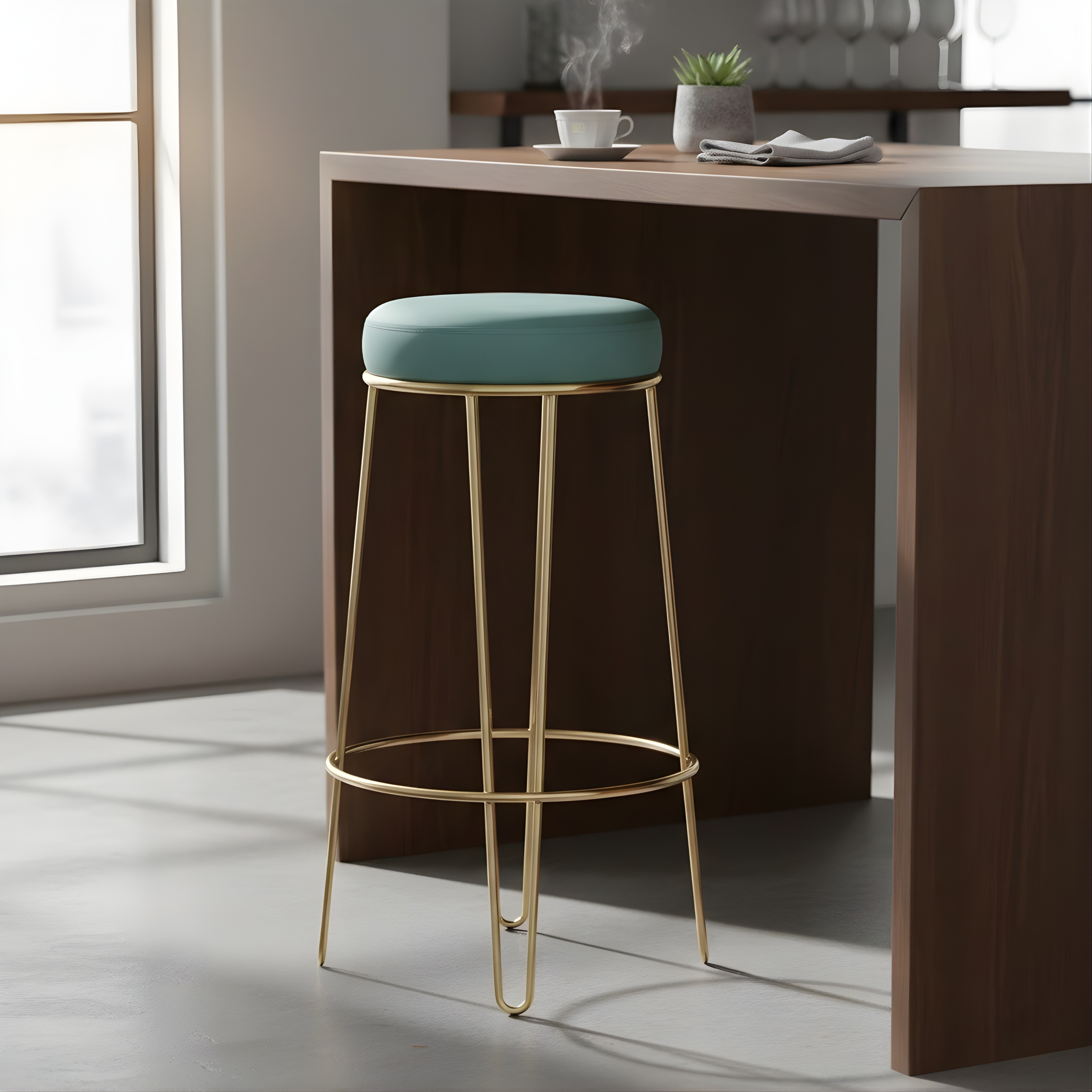 Velvet Bar Stool with Gold Metal Frame | Turquoise Upholstered Counter & Café Seating