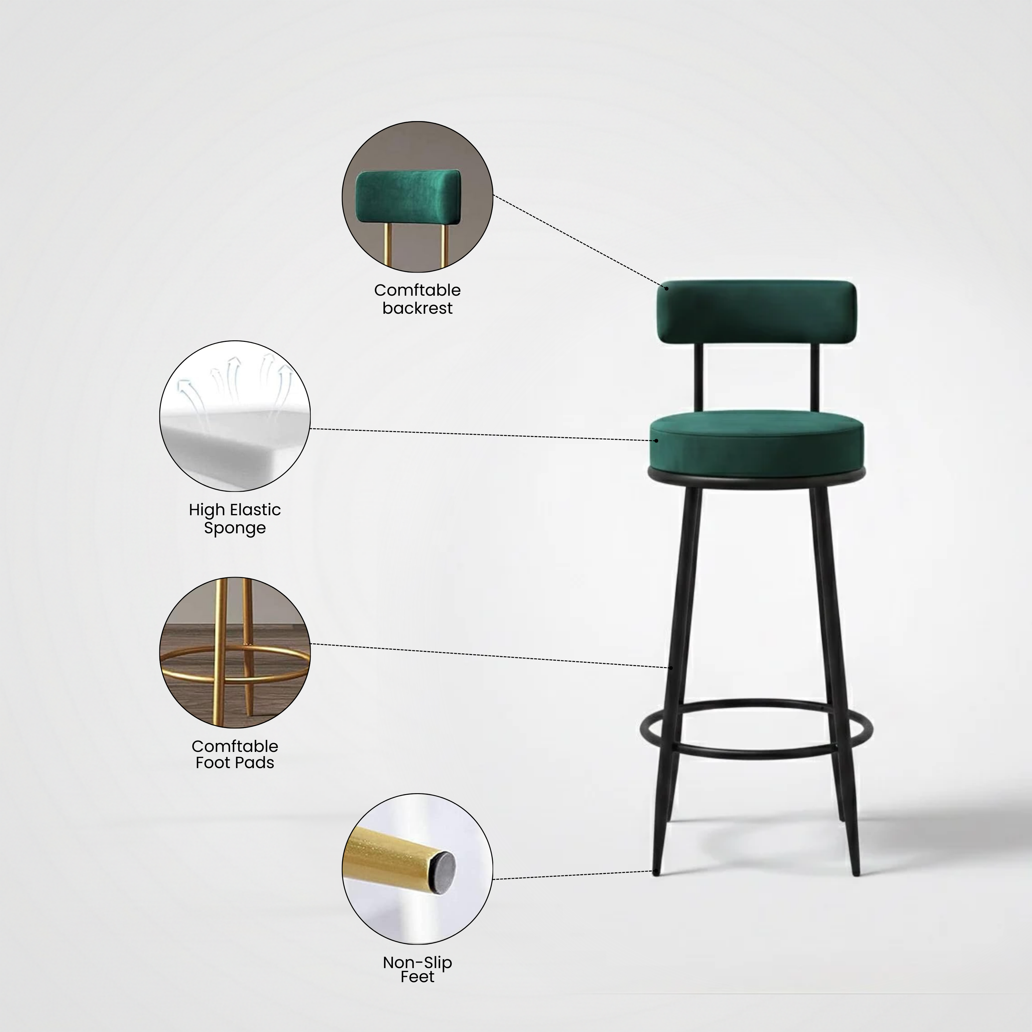 Velvet Counter Stool with Padded Backrest with Black & Gold Legs | Kitchen & Bar Seating