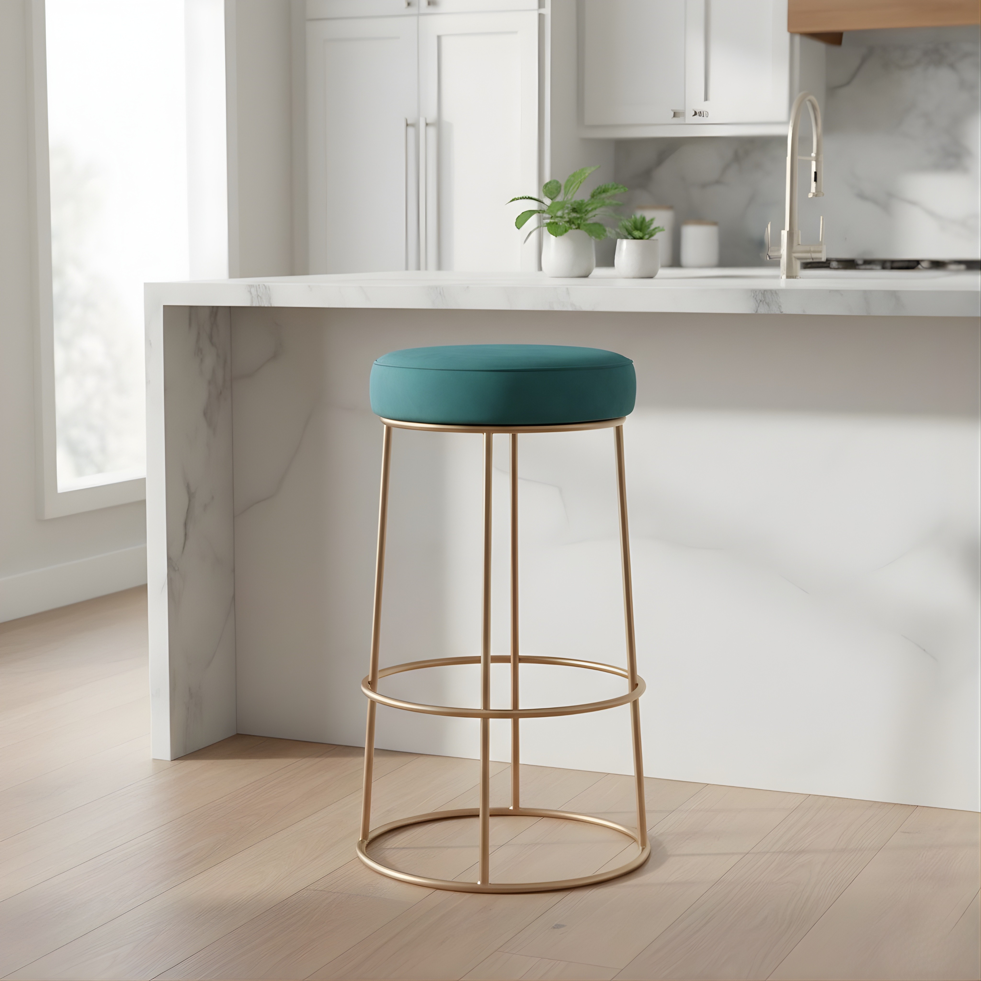 Black Velvet Counter Height Bar Stool with Footrest | Rustic Gold Legs