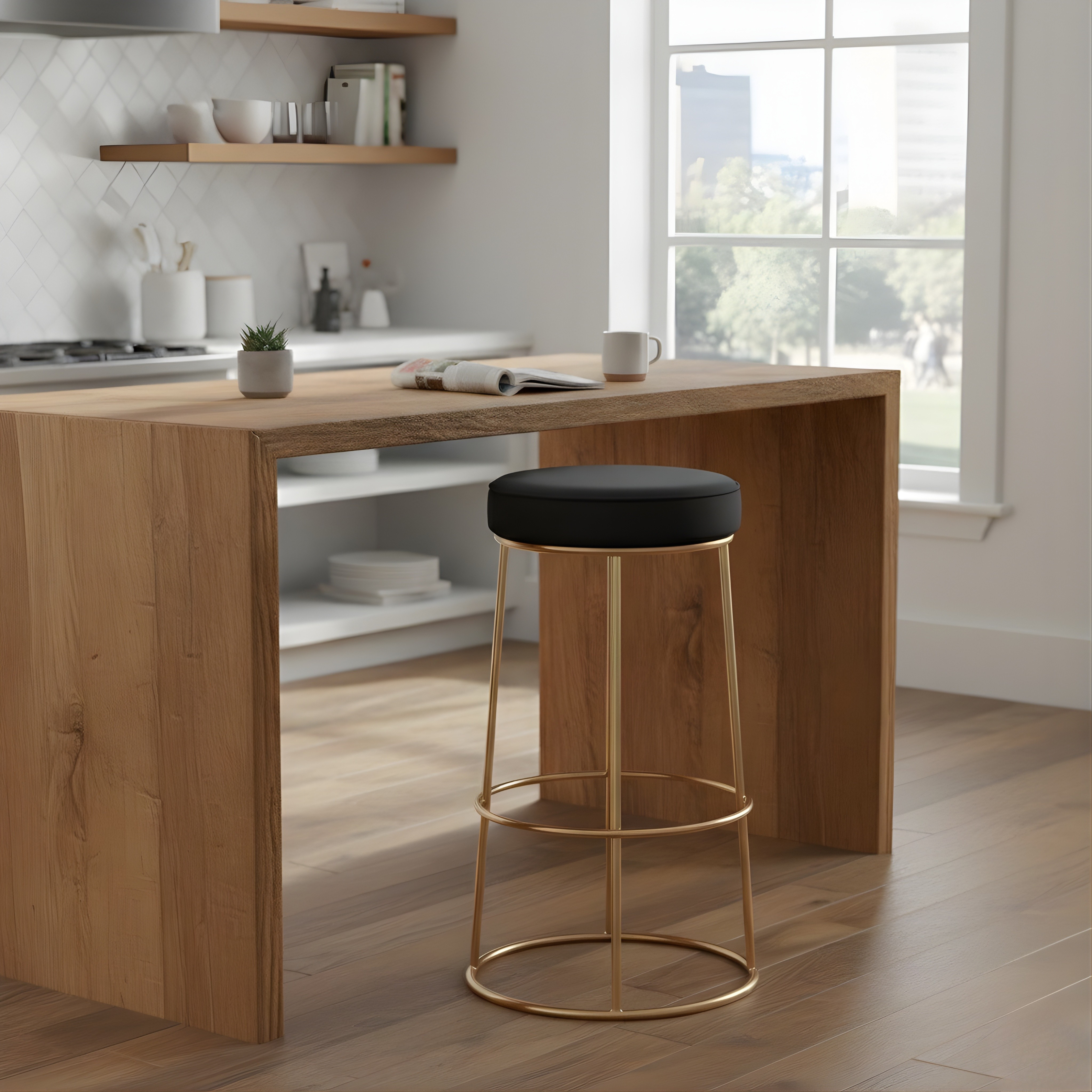 Black Velvet Counter Height Bar Stool with Footrest | Rustic Gold Legs