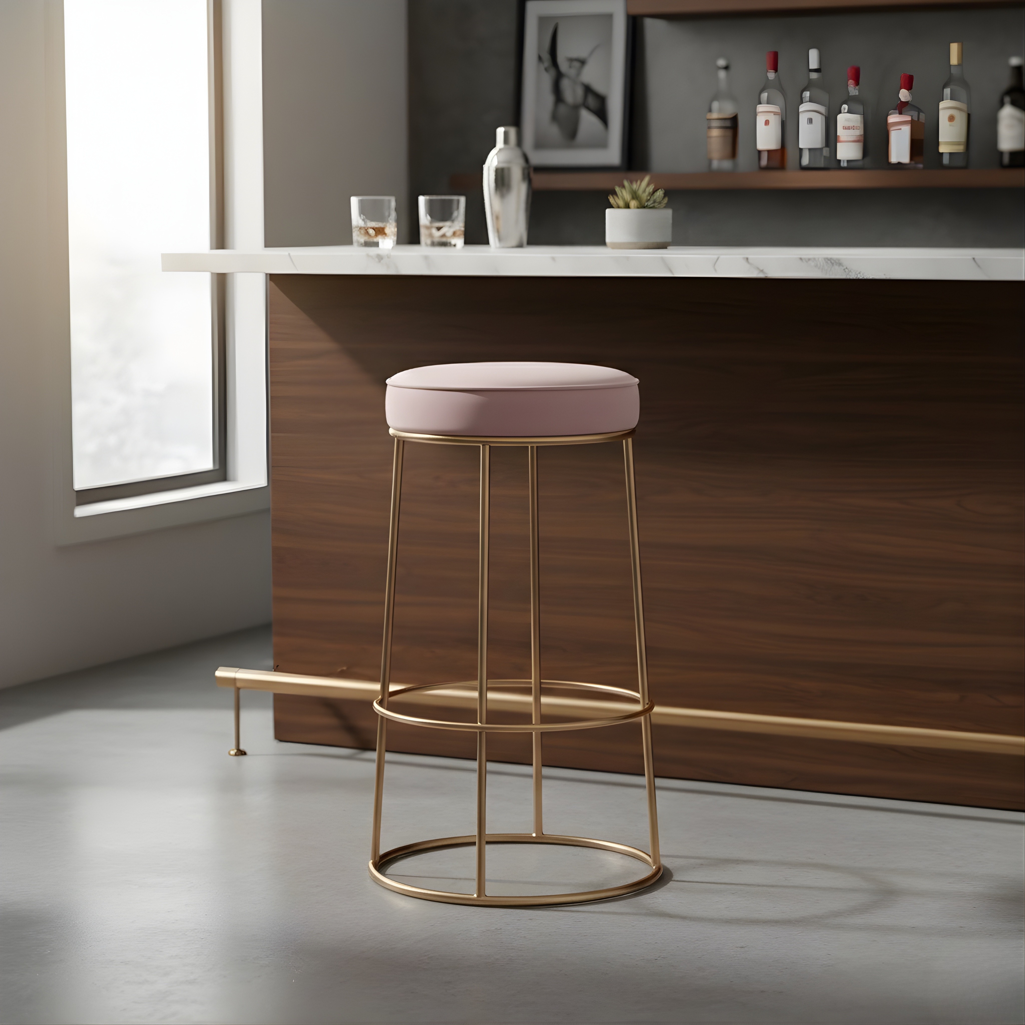 Black Velvet Counter Height Bar Stool with Footrest | Rustic Gold Legs