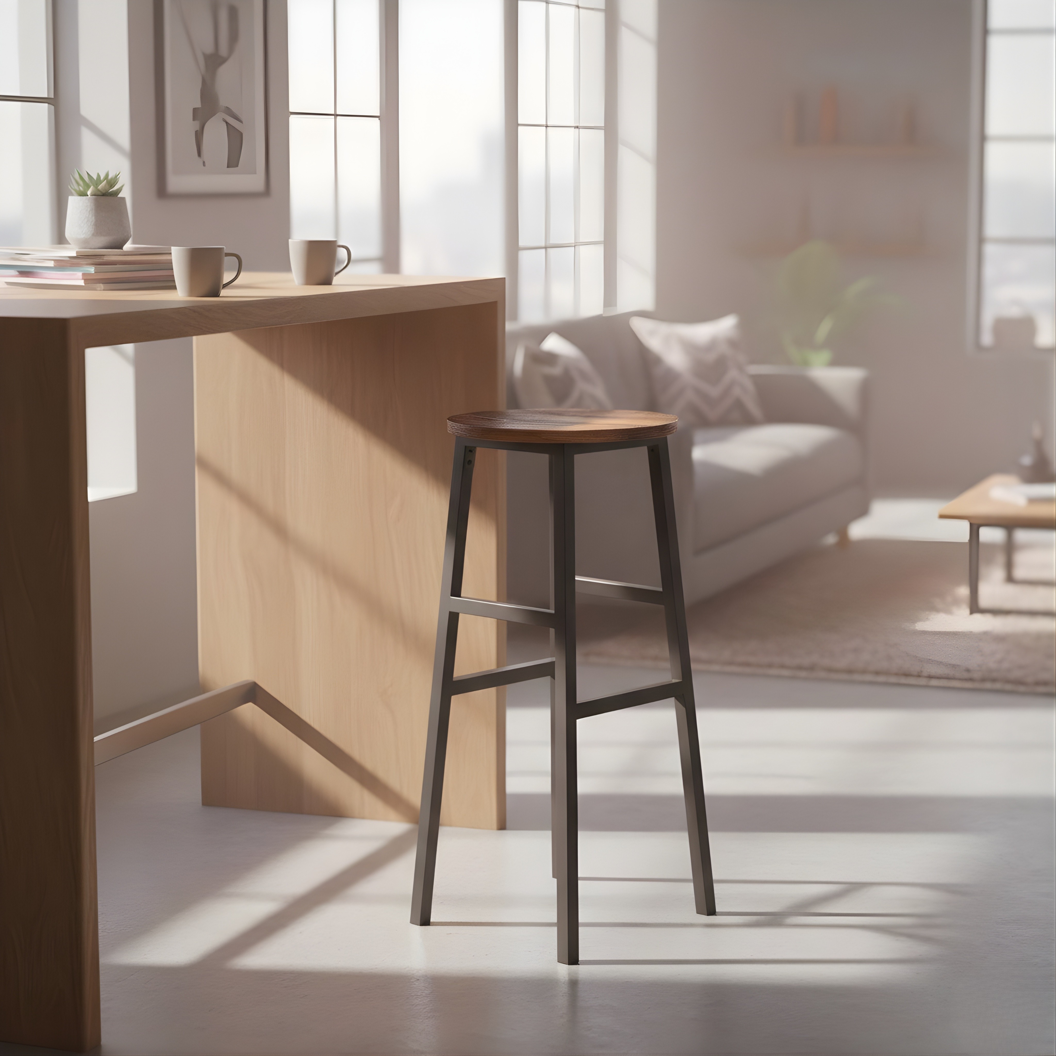 Wooden Top Tall Bar Stool with Metal Frame & Footrest | Kitchen Counter Seating