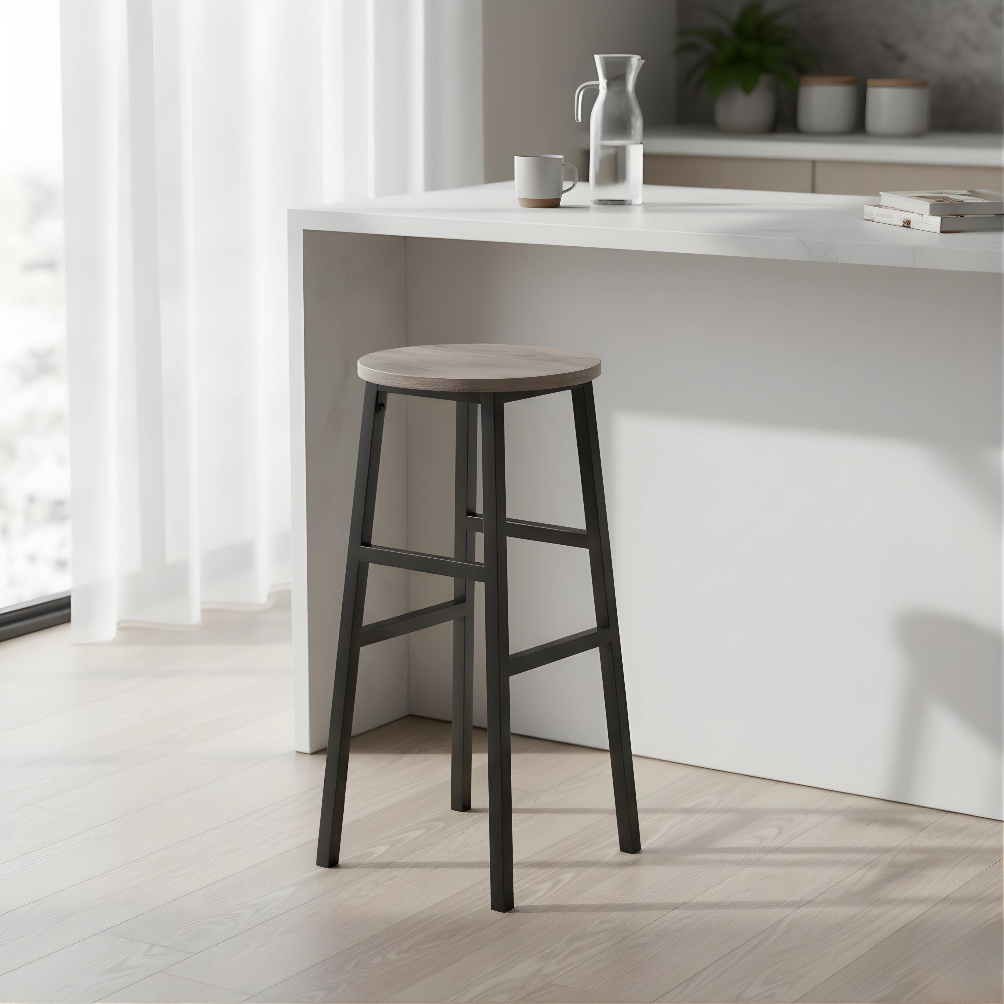 Wooden Top Tall Bar Stool with Metal Frame & Footrest | Kitchen Counter Seating