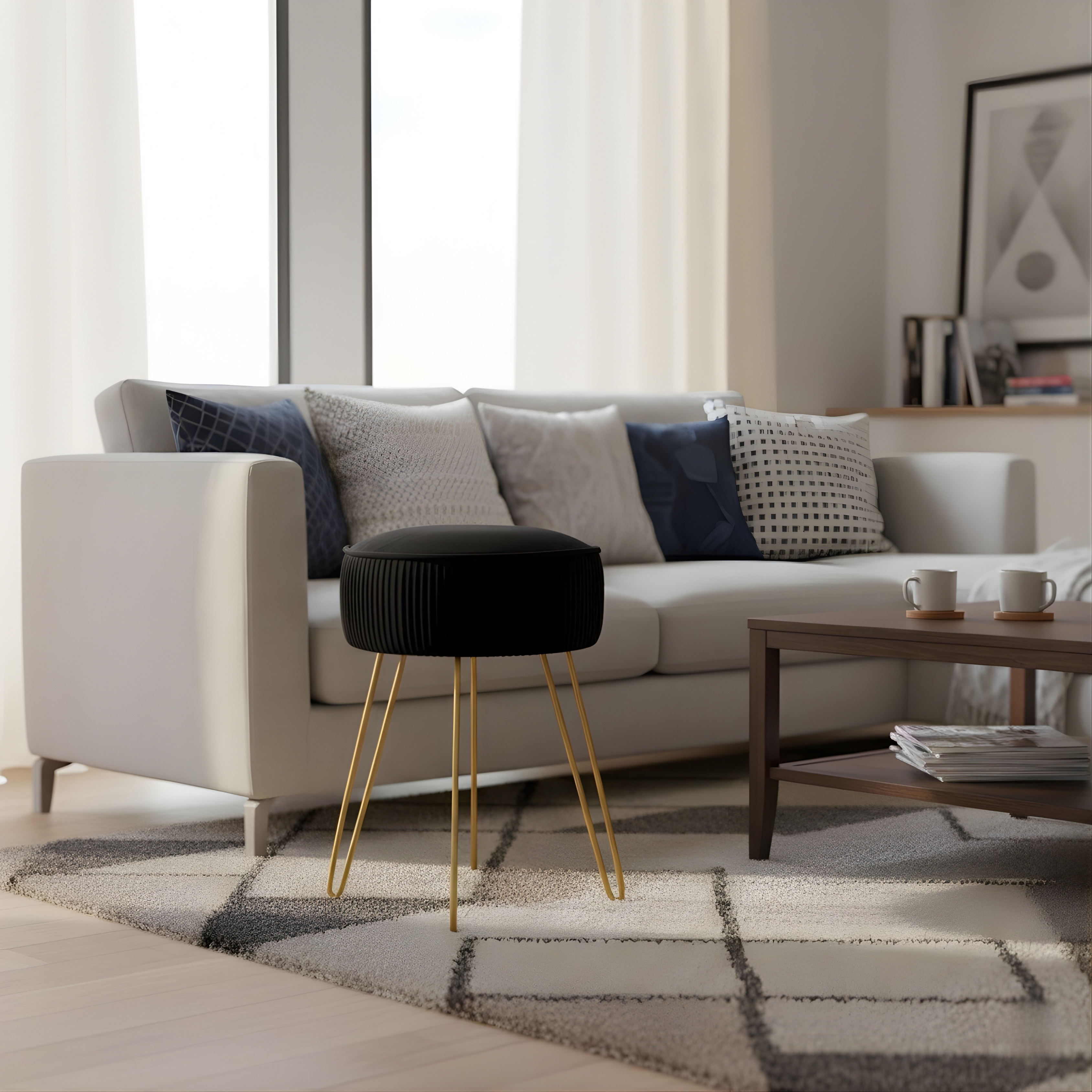 Pleated Velvet Vanity Stool with Gold Metal Legs | Upholstered Makeup Ottoman for Bedroom & Living Room