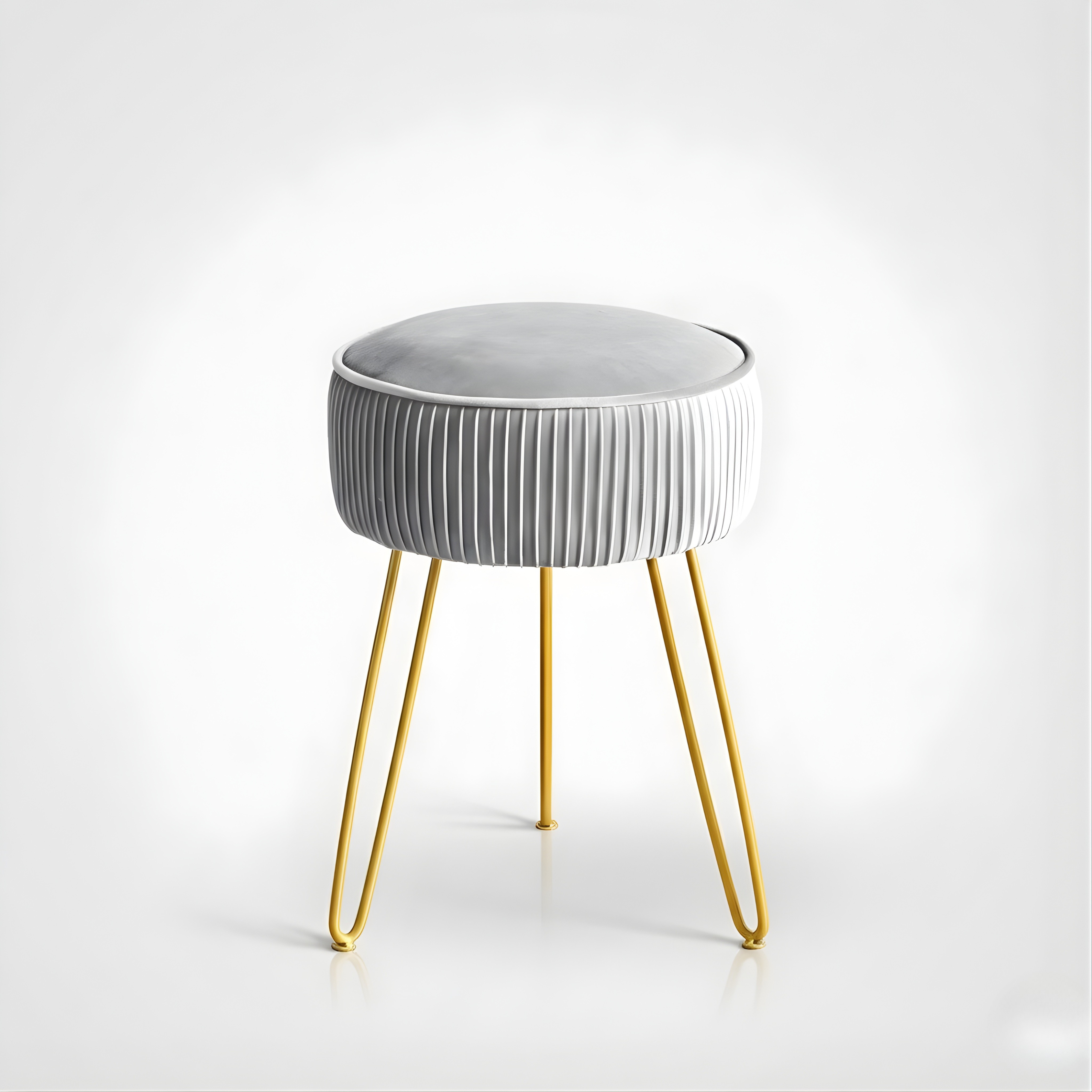 Pleated Velvet Vanity Stool with Gold Metal Legs | Upholstered Makeup Ottoman for Bedroom & Living Room