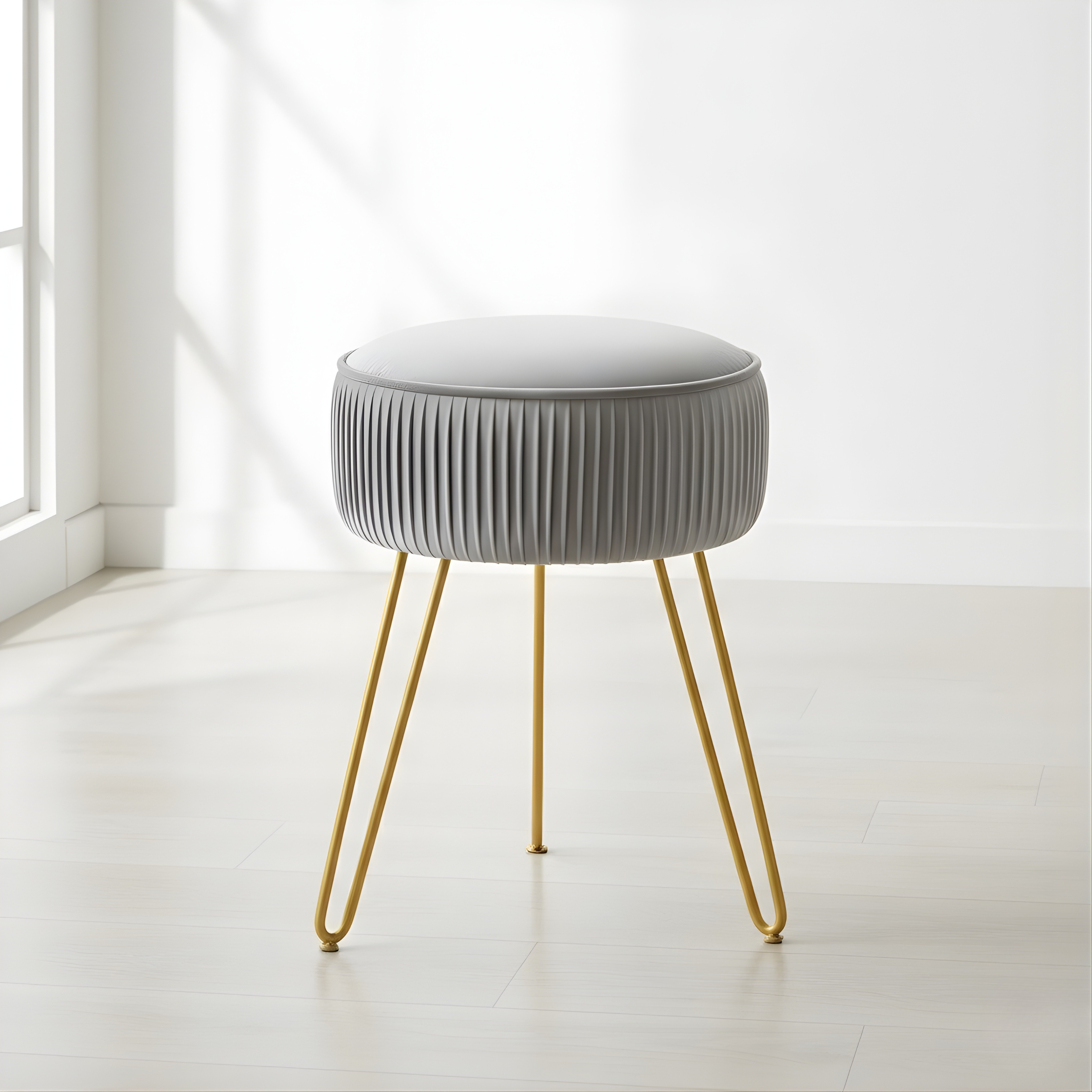 Pleated Velvet Vanity Stool with Gold Metal Legs | Upholstered Makeup Ottoman for Bedroom & Living Room