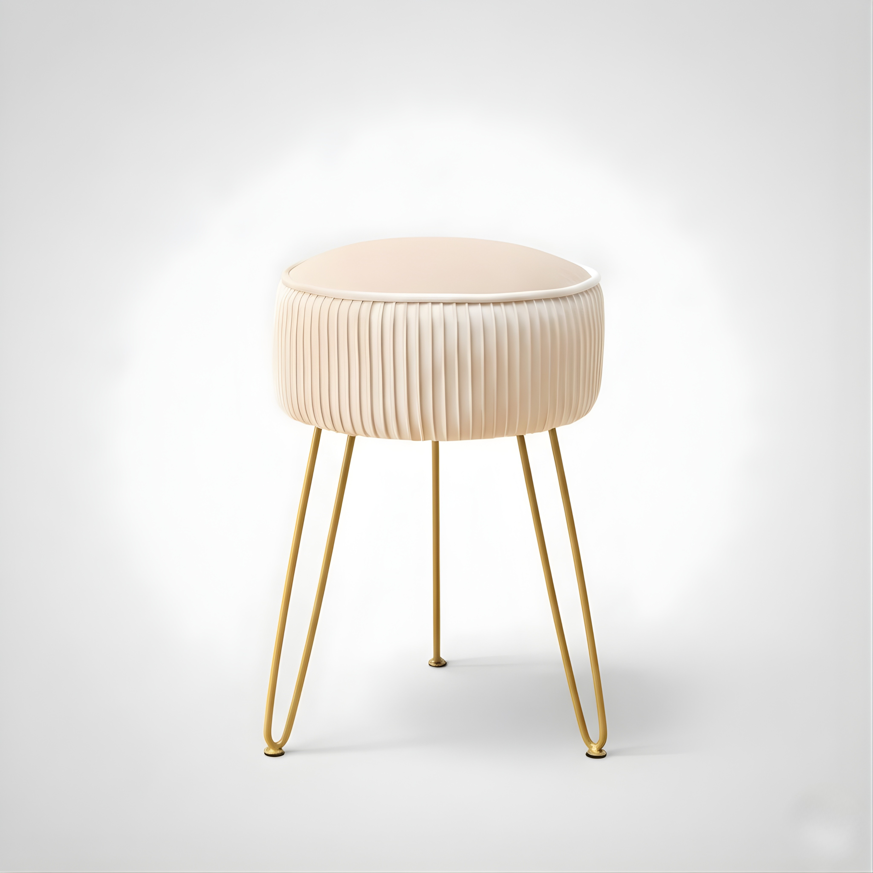 Pleated Velvet Vanity Stool with Gold Metal Legs | Upholstered Makeup Ottoman for Bedroom & Living Room