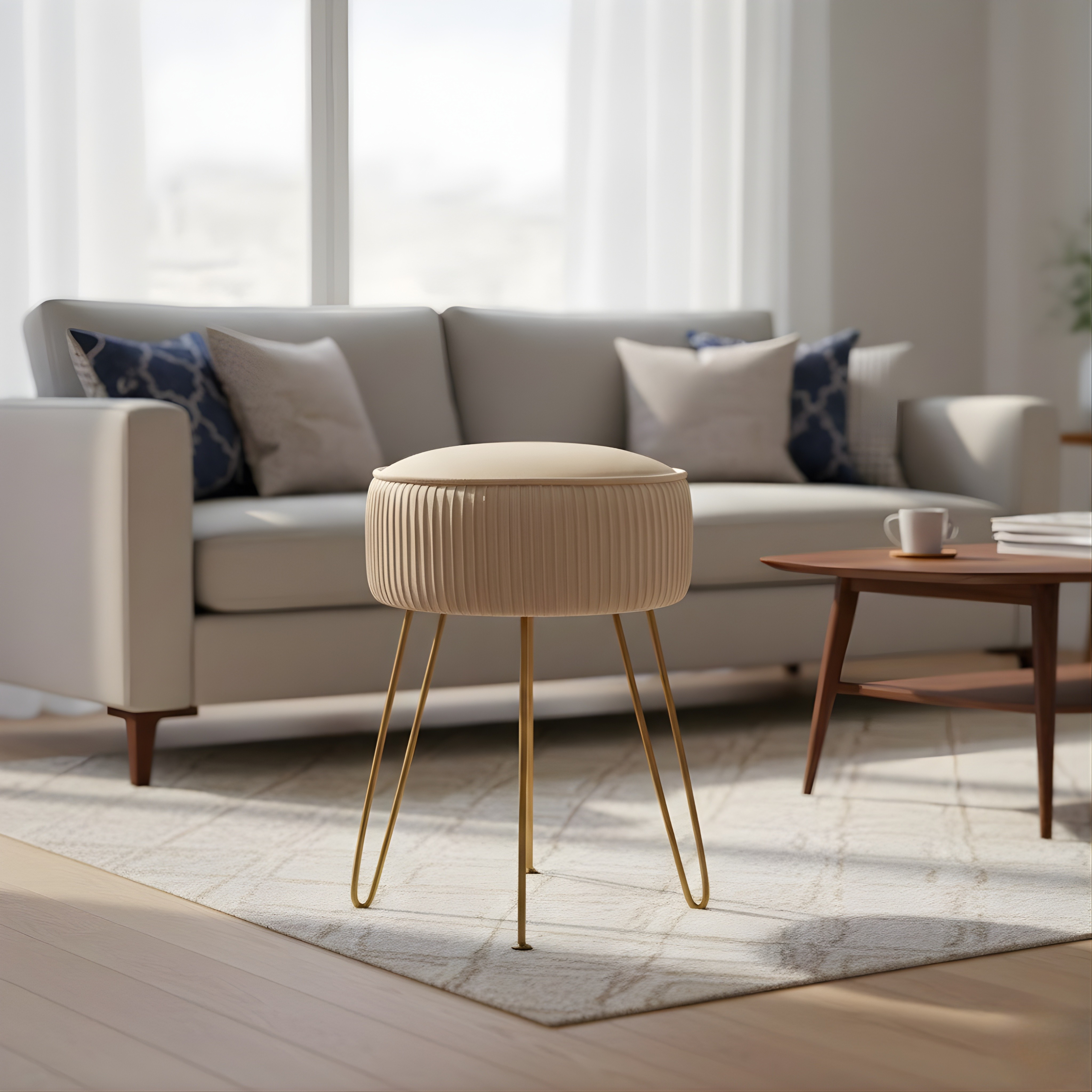 Pleated Velvet Vanity Stool with Gold Metal Legs | Upholstered Makeup Ottoman for Bedroom & Living Room