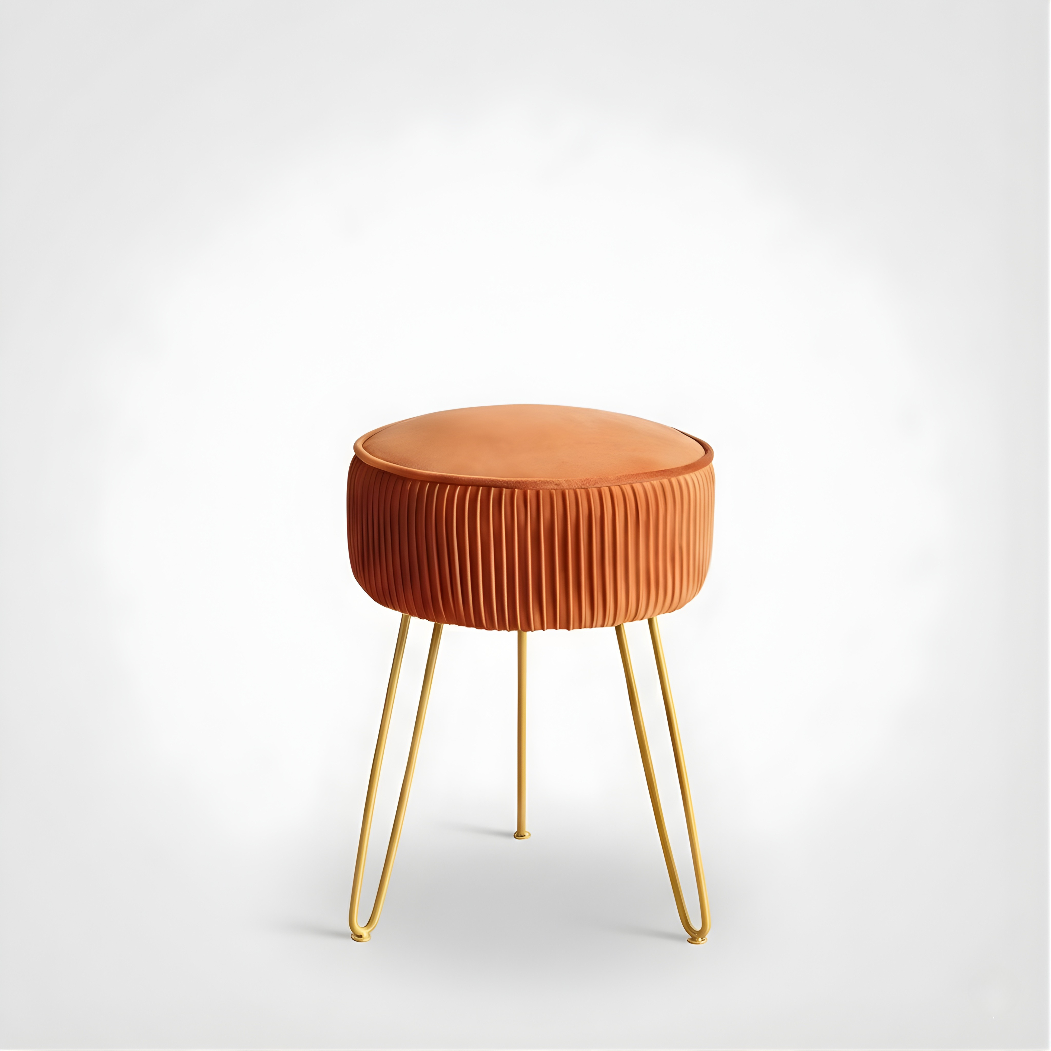 Pleated Velvet Vanity Stool with Gold Metal Legs | Upholstered Makeup Ottoman for Bedroom & Living Room