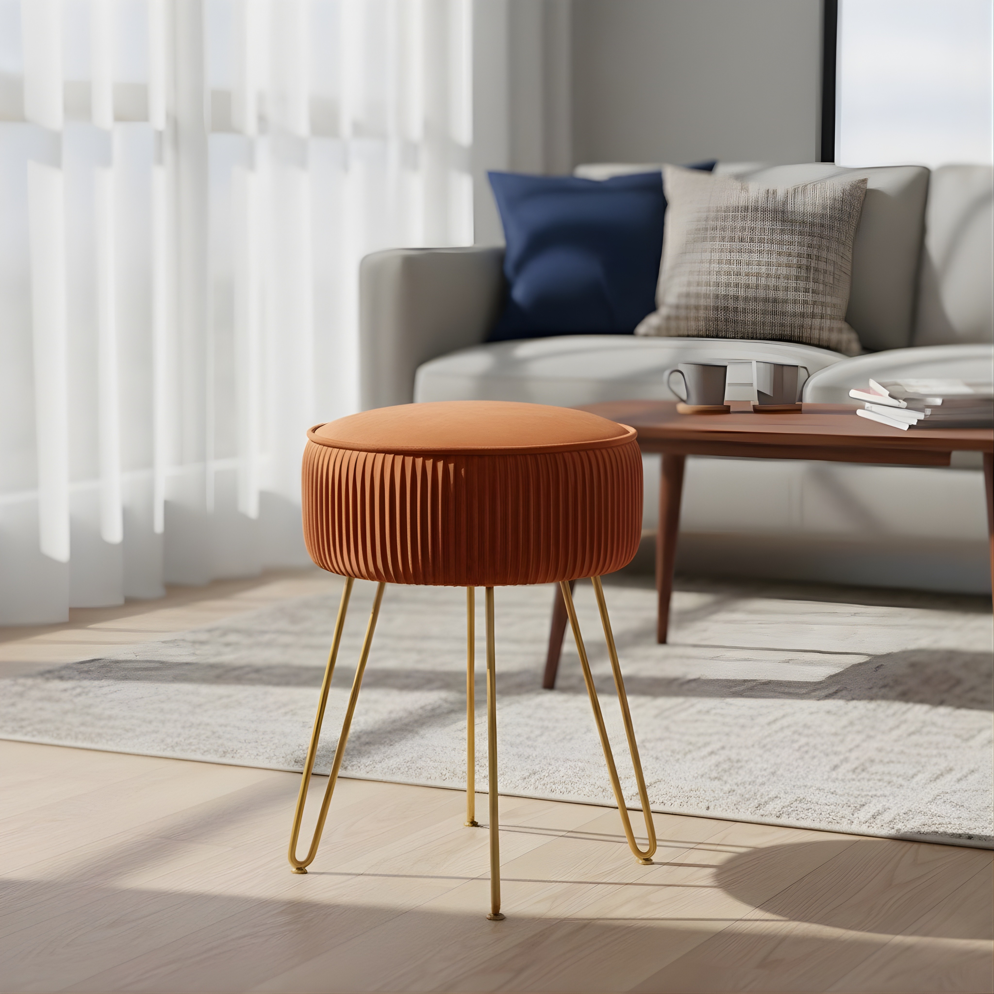 Pleated Velvet Vanity Stool with Gold Metal Legs | Upholstered Makeup Ottoman for Bedroom & Living Room