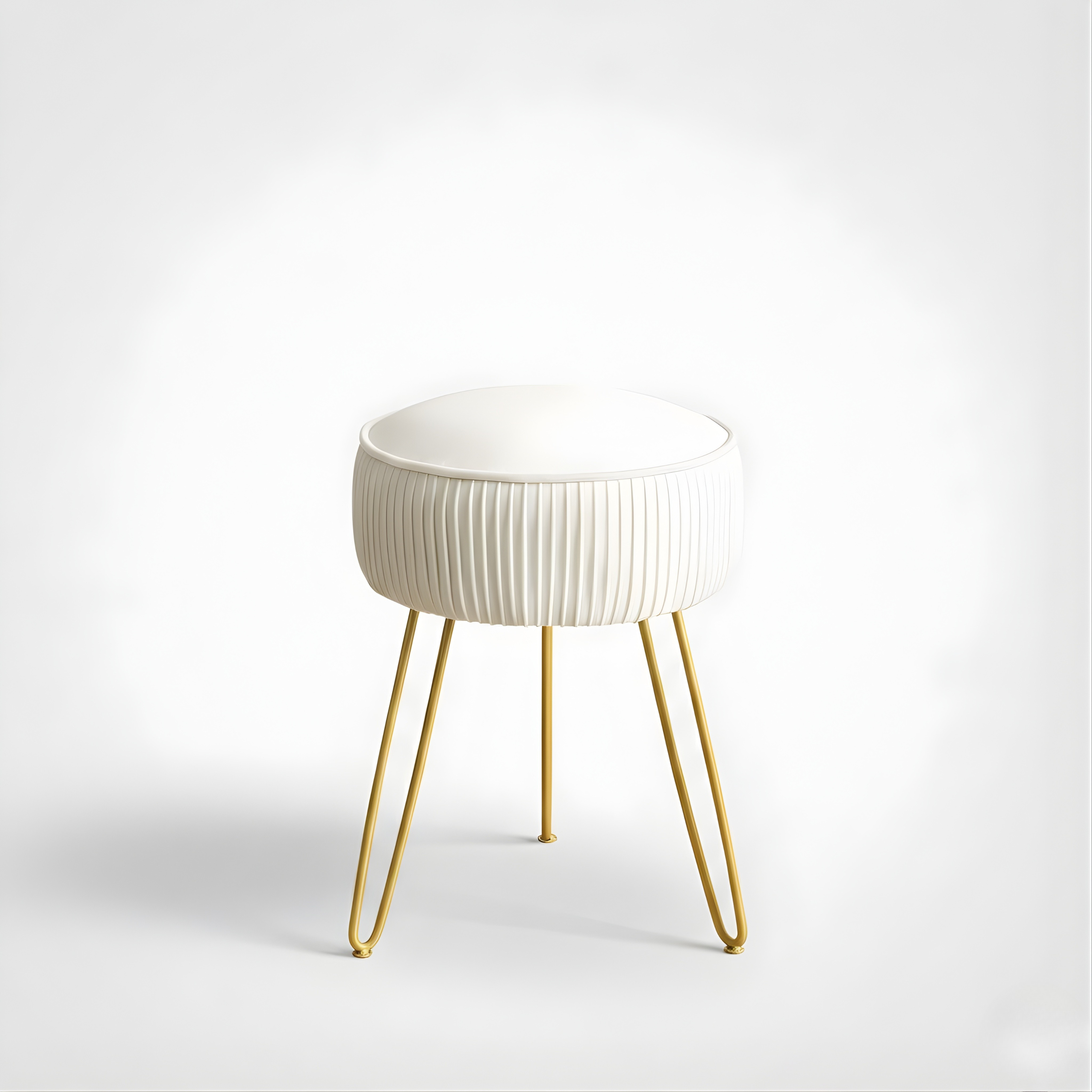 Pleated Velvet Vanity Stool with Gold Metal Legs | Upholstered Makeup Ottoman for Bedroom & Living Room