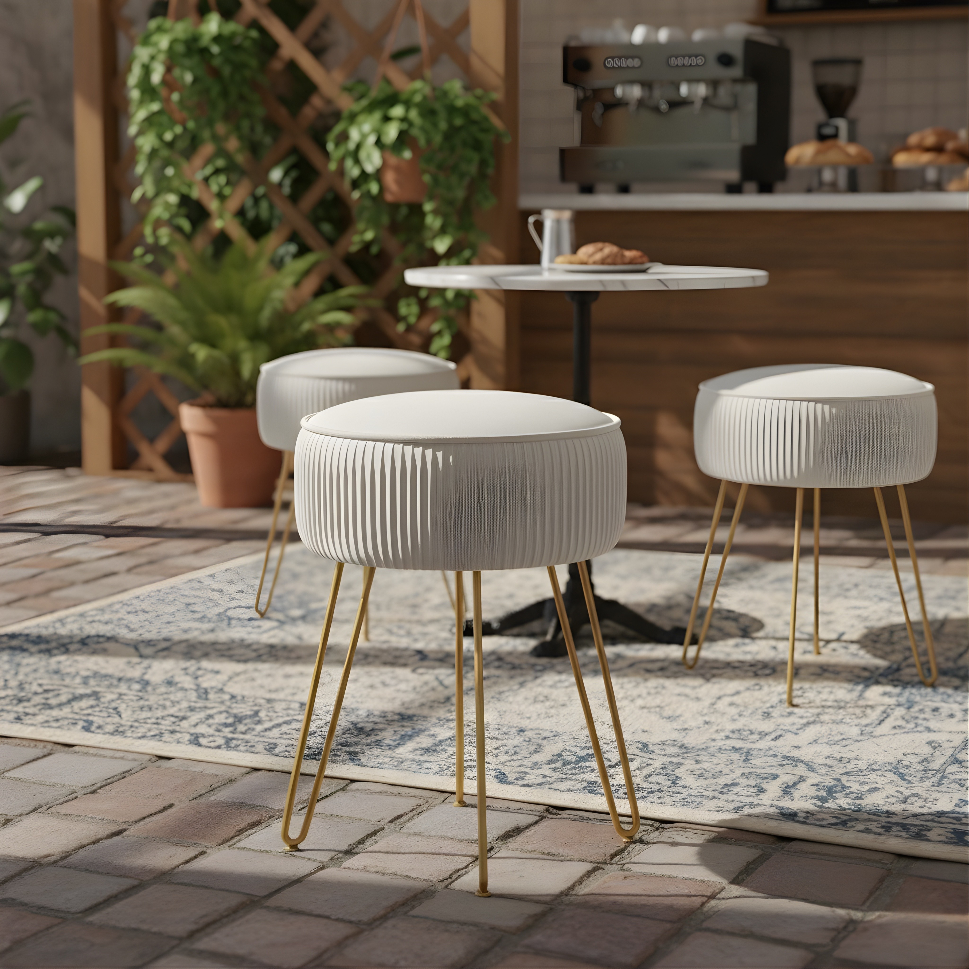 Pleated Velvet Vanity Stool with Gold Metal Legs | Upholstered Makeup Ottoman for Bedroom & Living Room