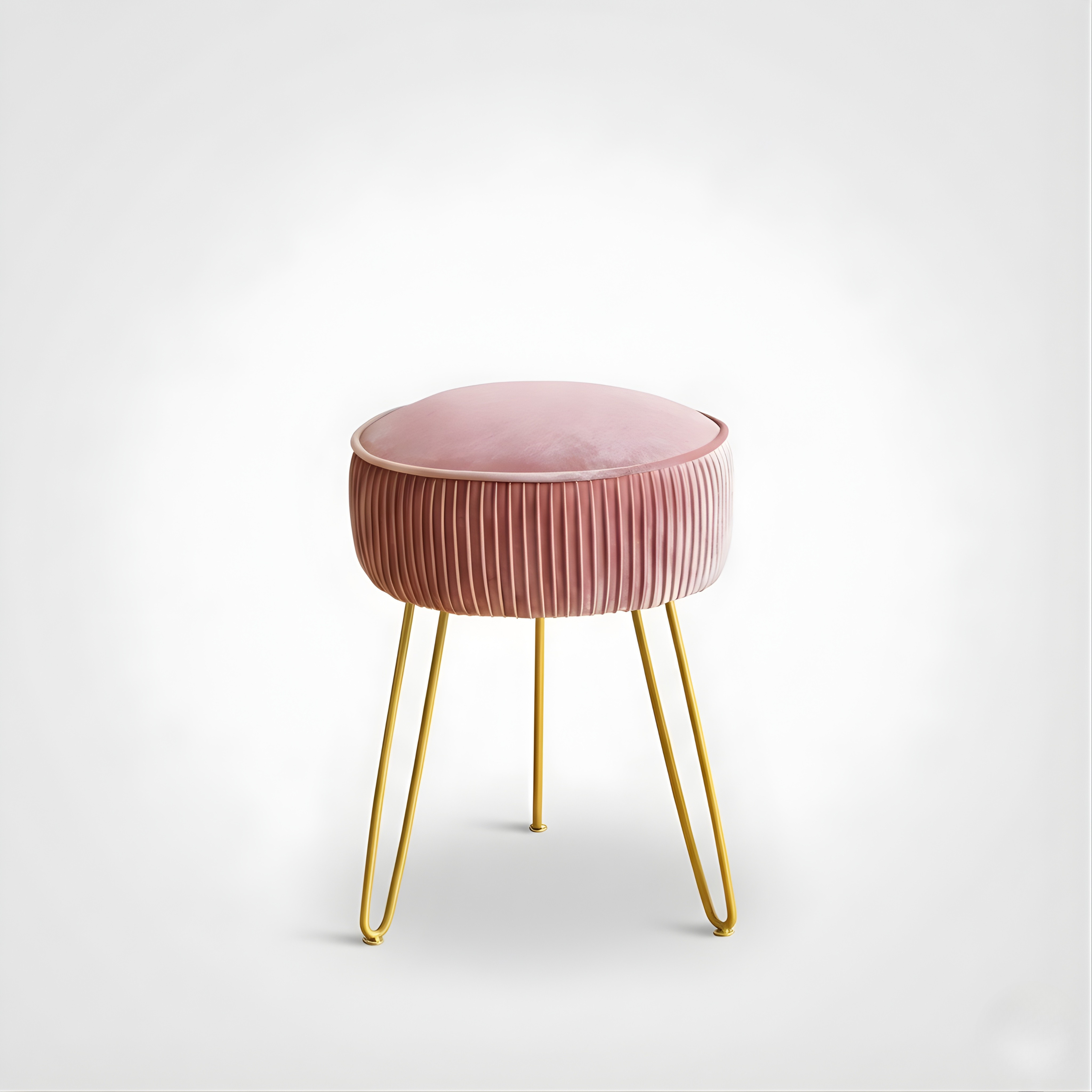 Pleated Velvet Vanity Stool with Gold Metal Legs | Upholstered Makeup Ottoman for Bedroom & Living Room