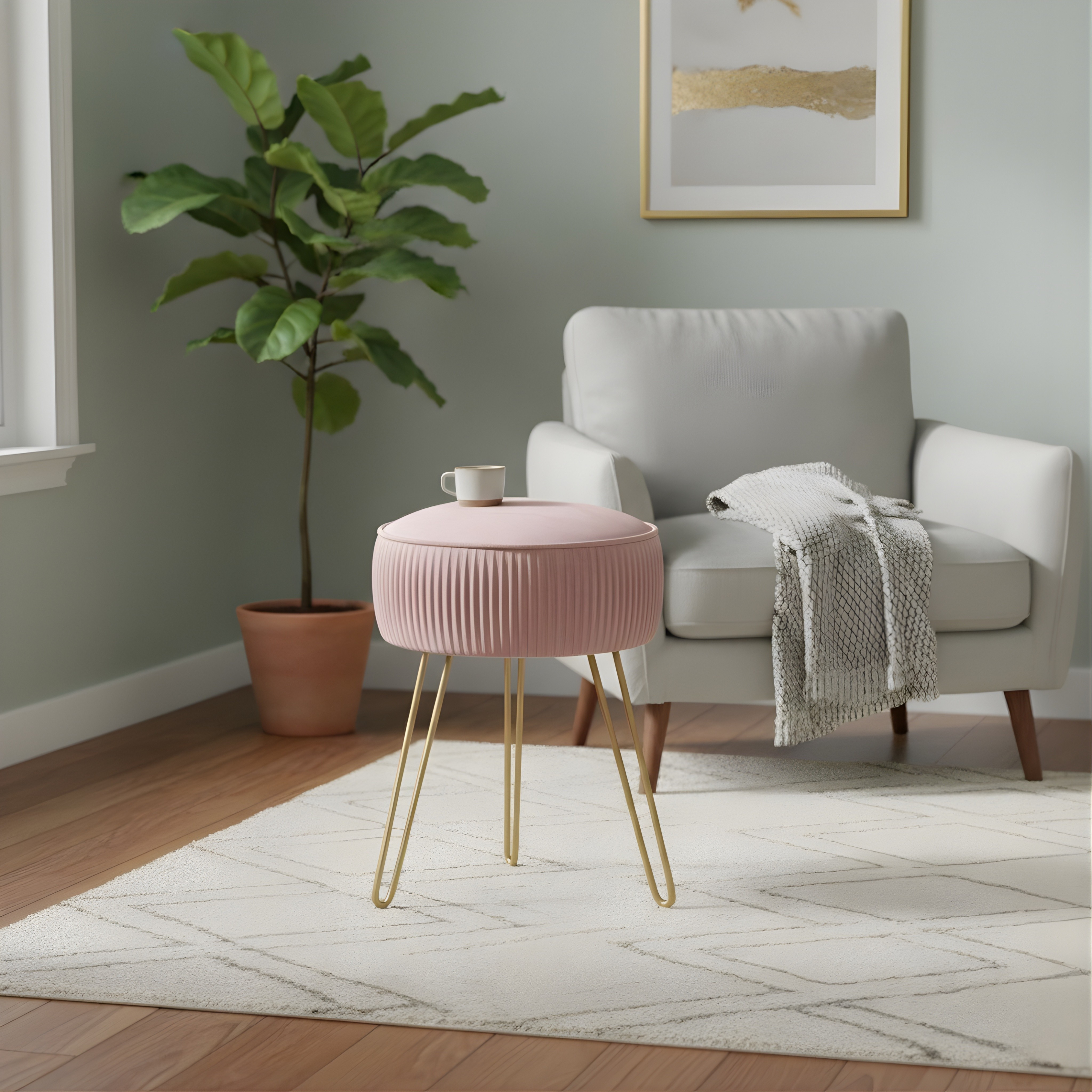 Pleated Velvet Vanity Stool with Gold Metal Legs | Upholstered Makeup Ottoman for Bedroom & Living Room