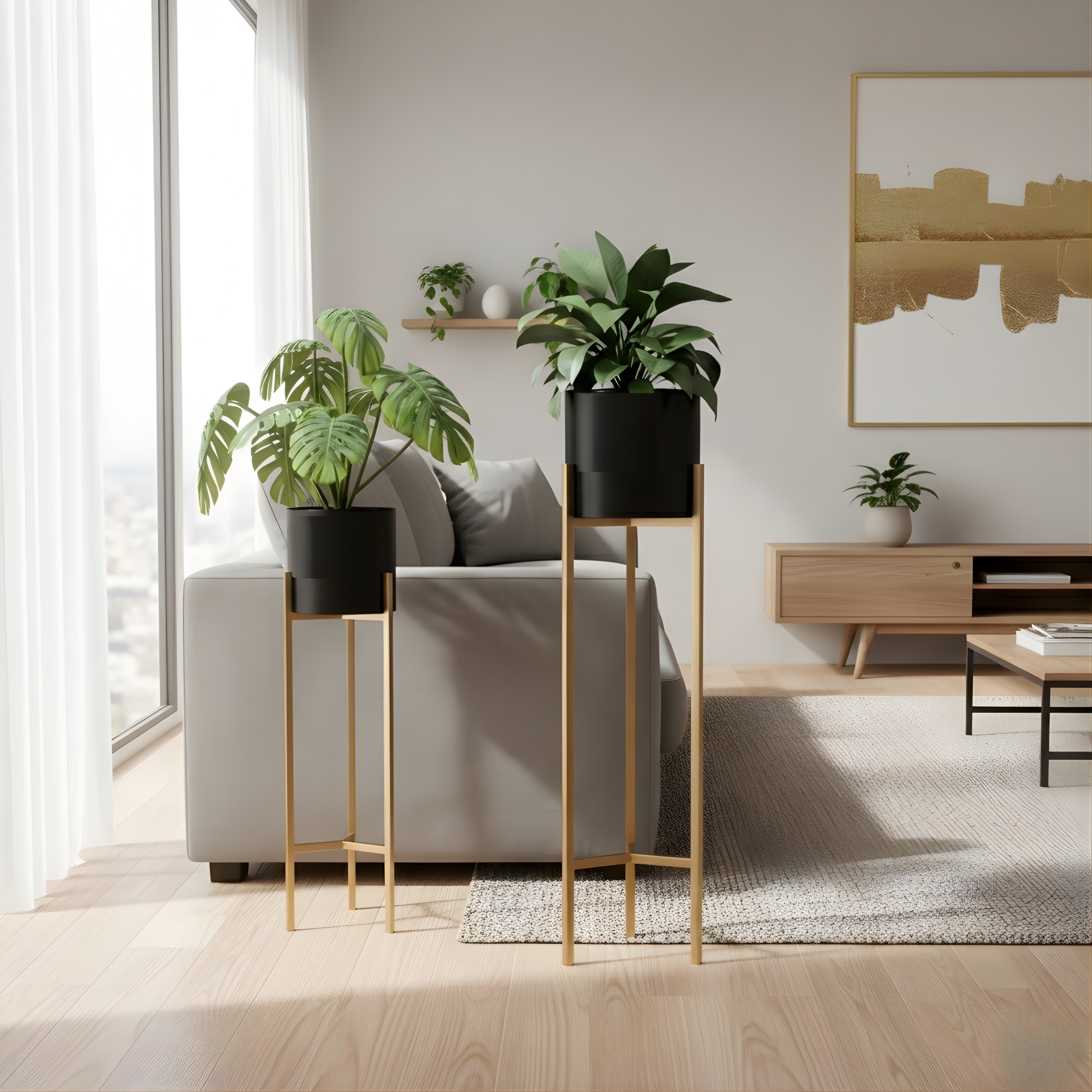 Indoor Metal Plant Stand with Gold Pot | Floor Planter Set of 2 for Living Room & Balcony