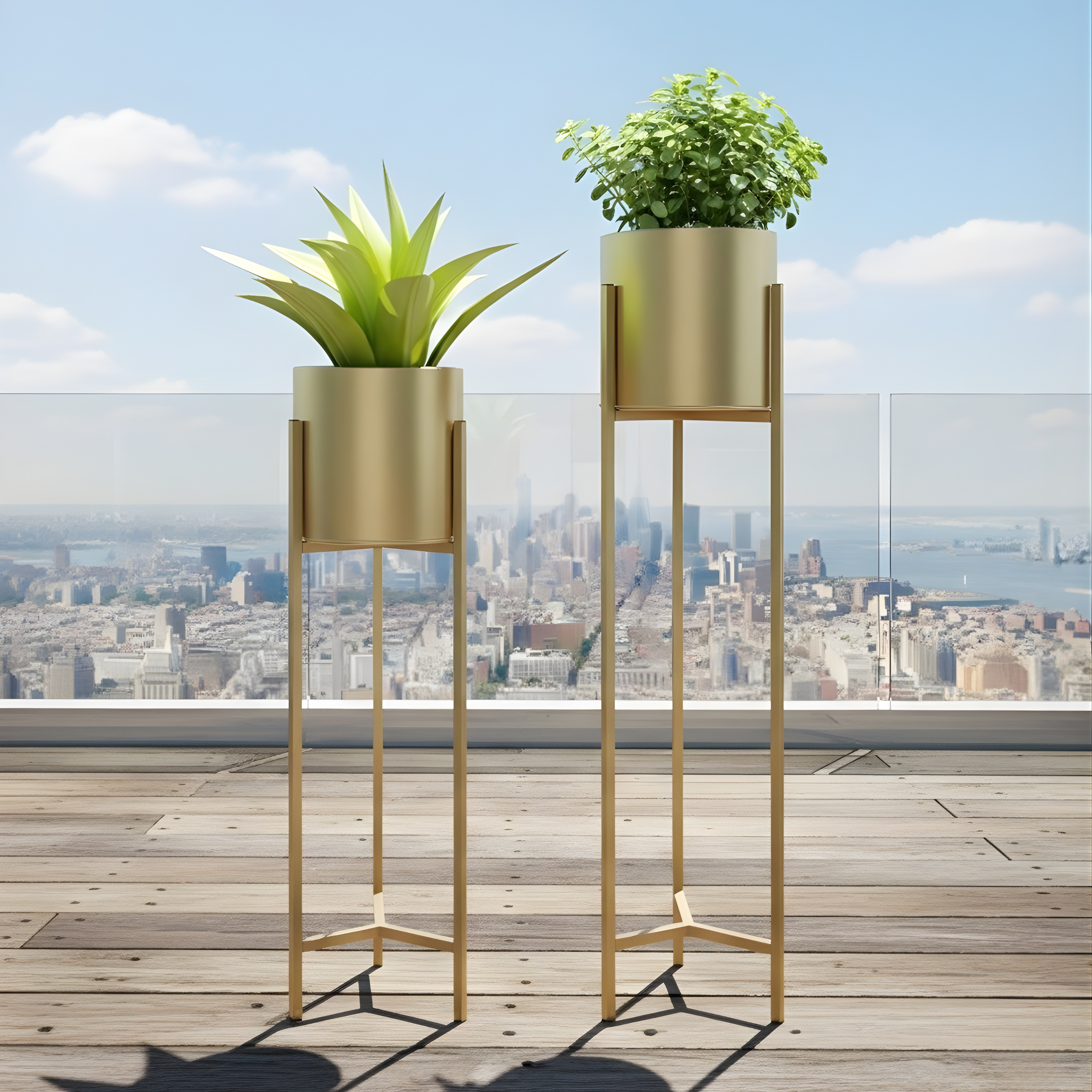 Indoor Metal Plant Stand with Gold Pot | Floor Planter Set of 2 for Living Room & Balcony