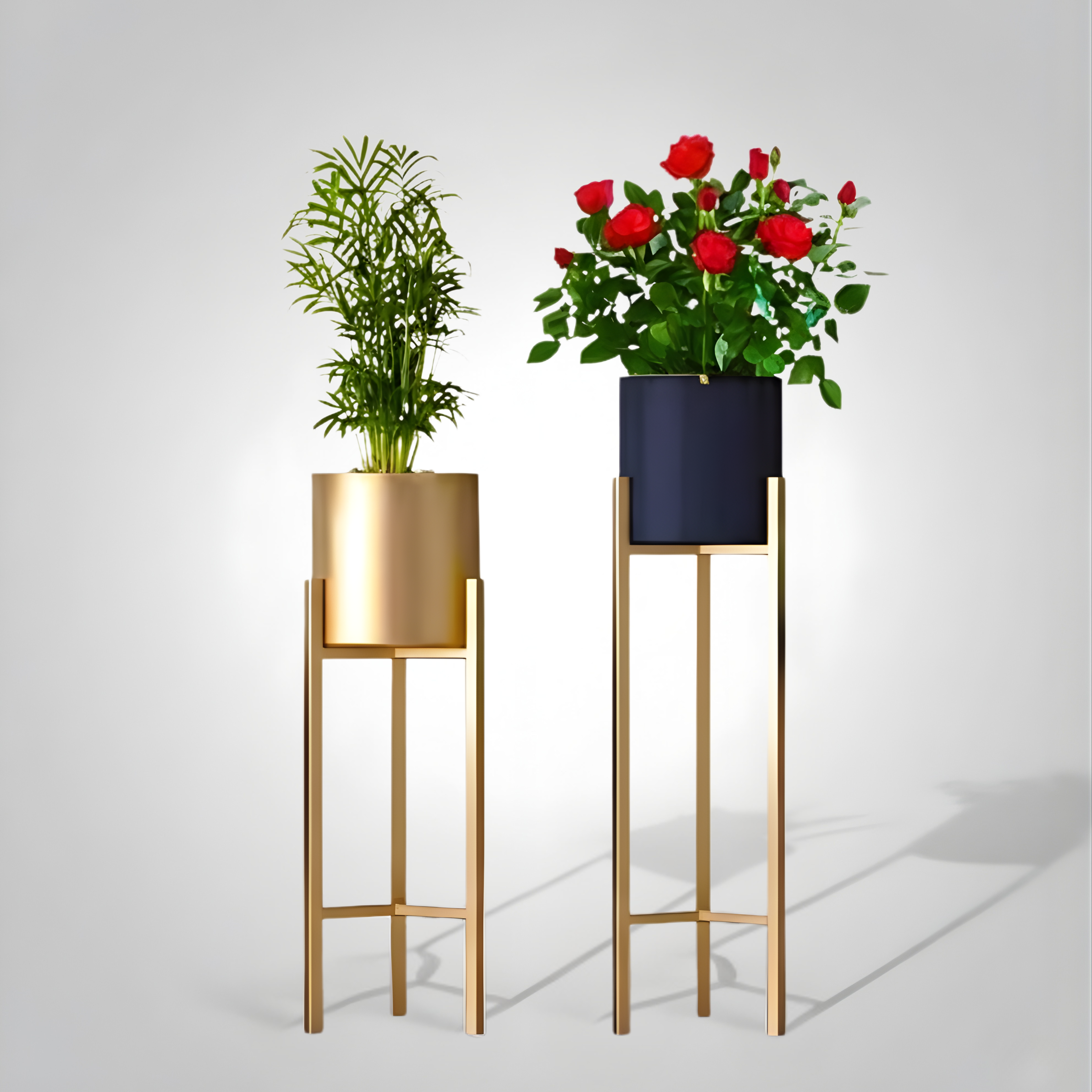Indoor Metal Plant Stand with Gold Pot | Floor Planter Set of 2 for Living Room & Balcony