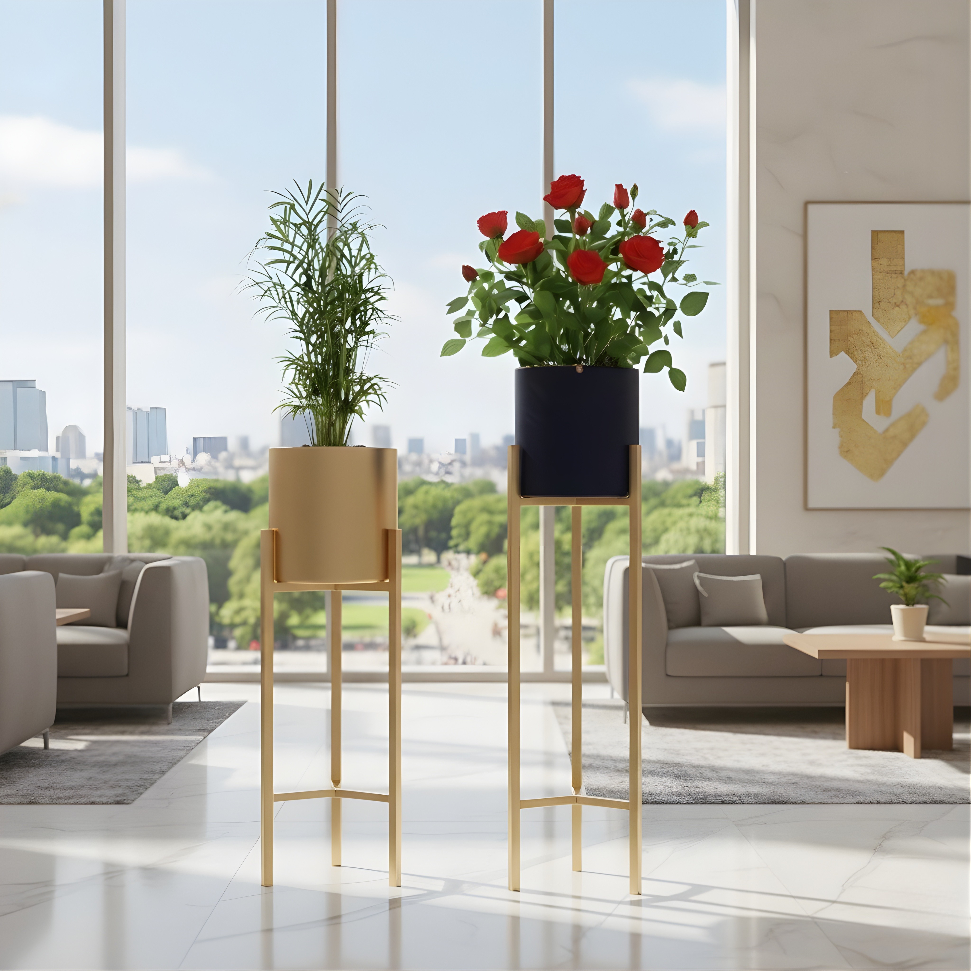 Indoor Metal Plant Stand with Gold Pot | Floor Planter Set of 2 for Living Room & Balcony