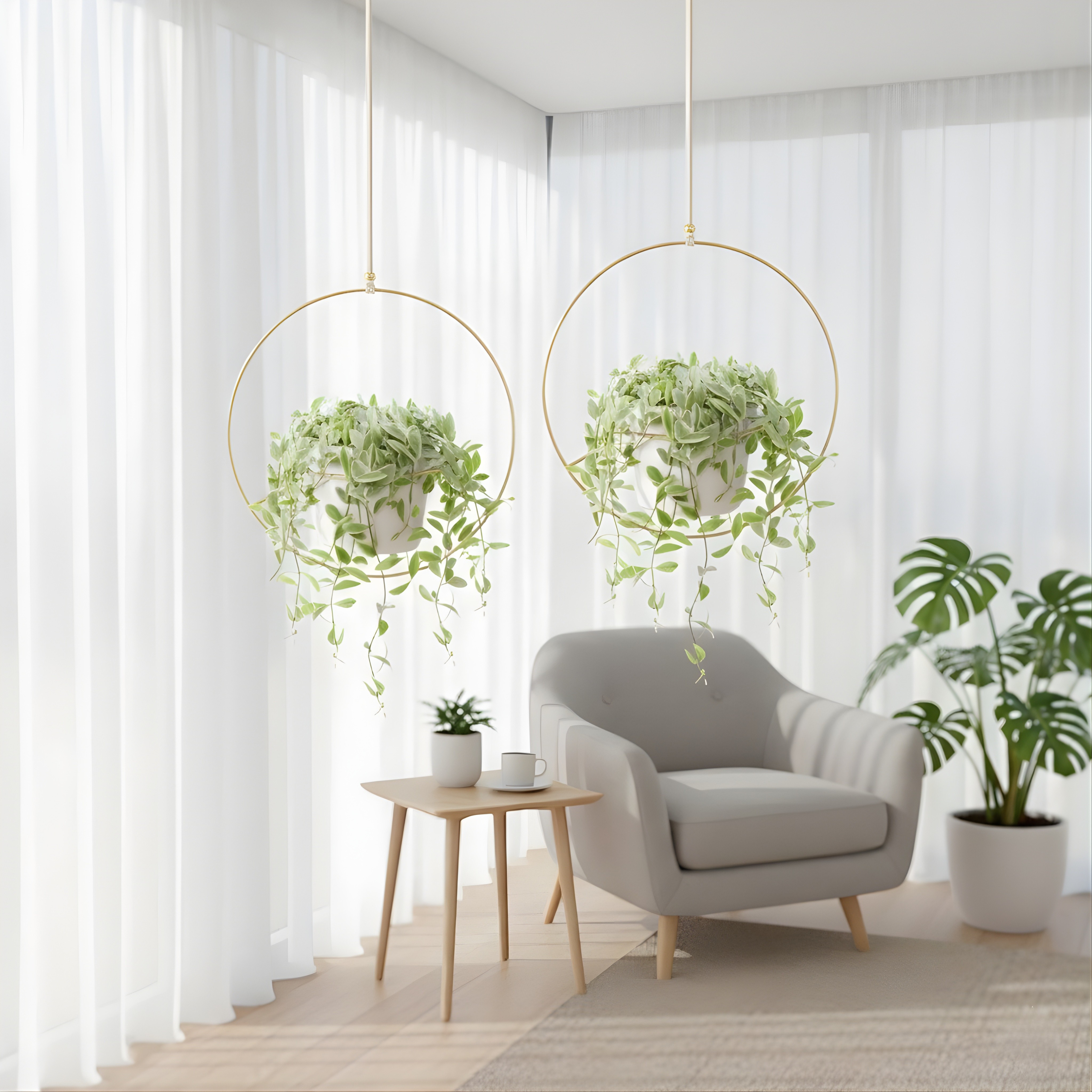 Set of 2 Gold Metal Hanging Planters | Boho Diamond & Circle Wall Plant Holders