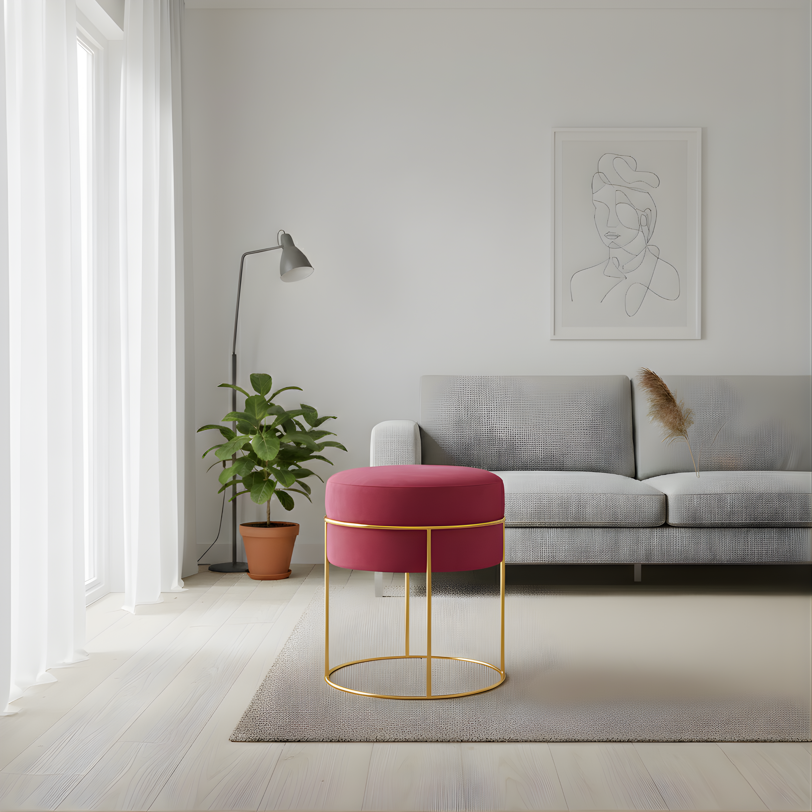 Stylish round ottoman with golden legs, portable comfort stool.