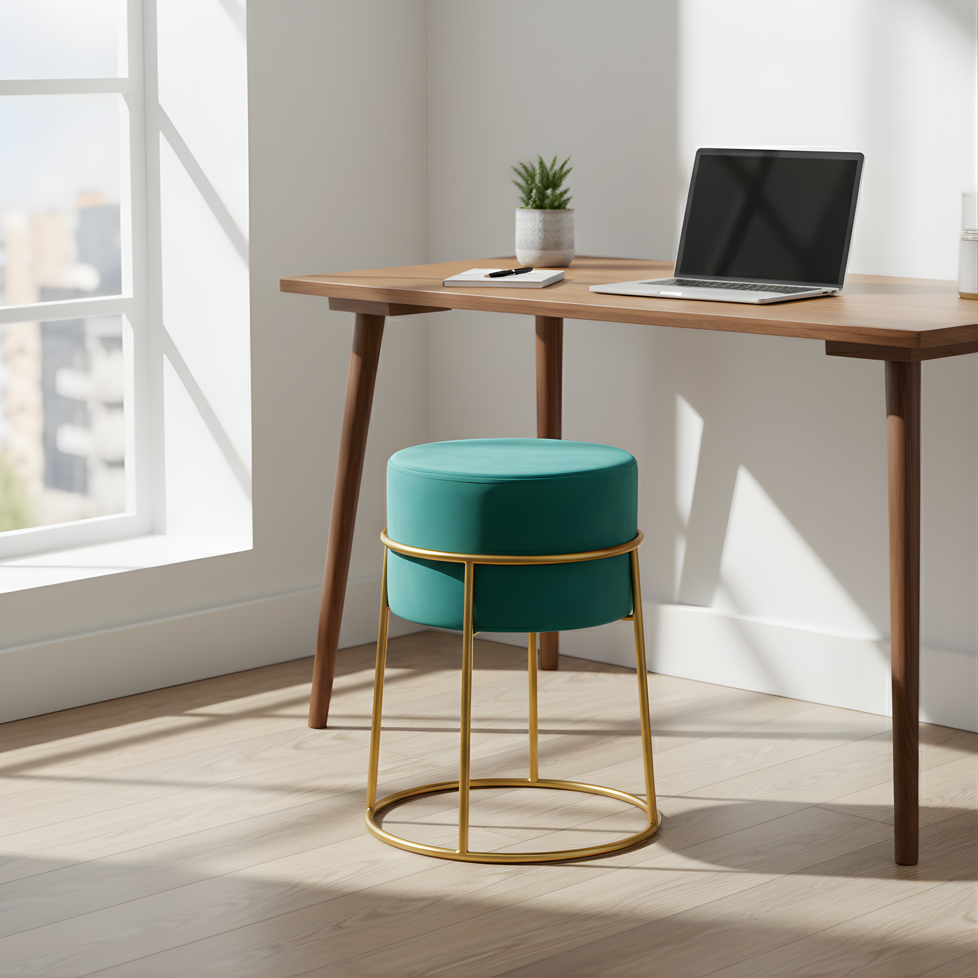 Stylish round ottoman with golden legs, portable comfort stool.