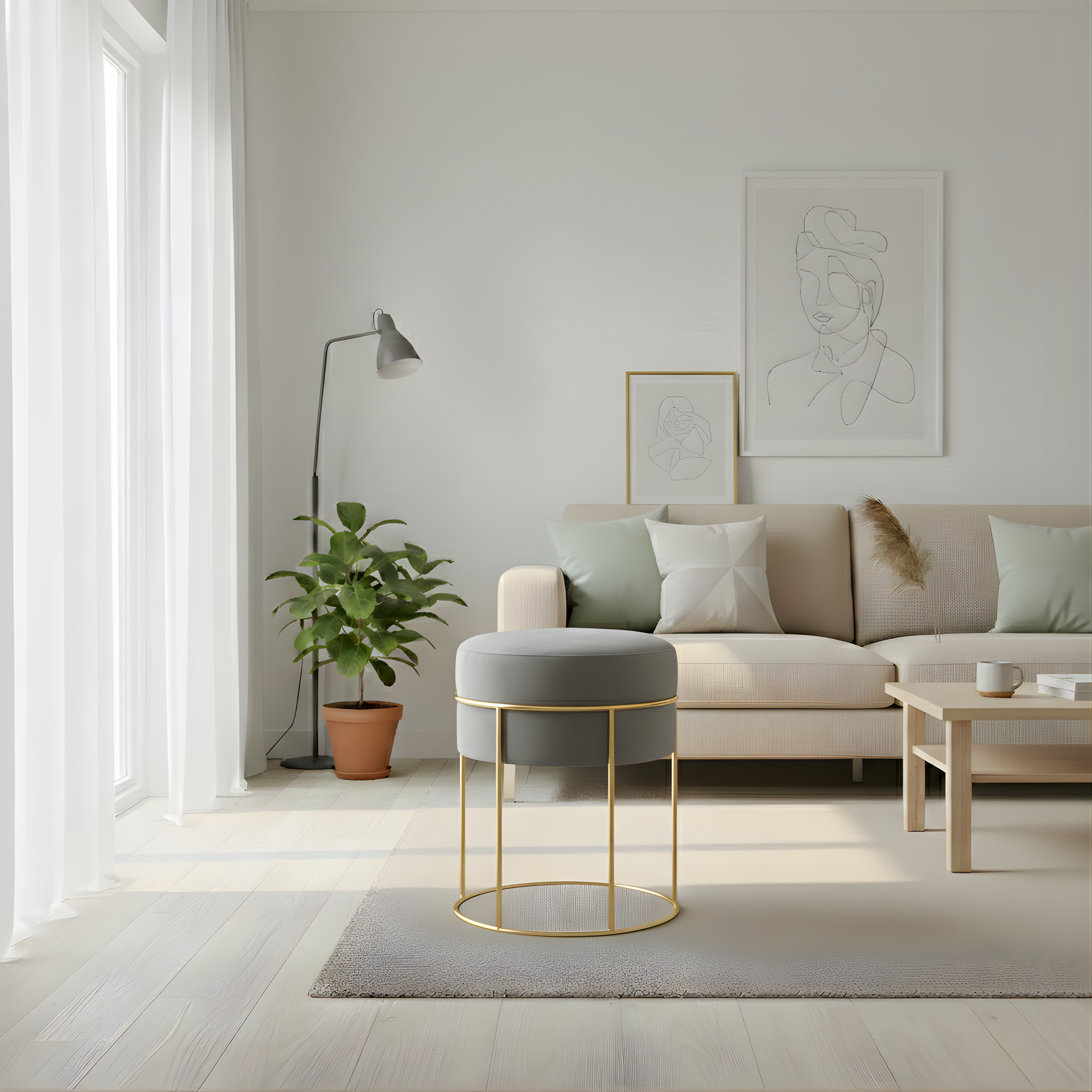 Stylish round ottoman with golden legs, portable comfort stool.