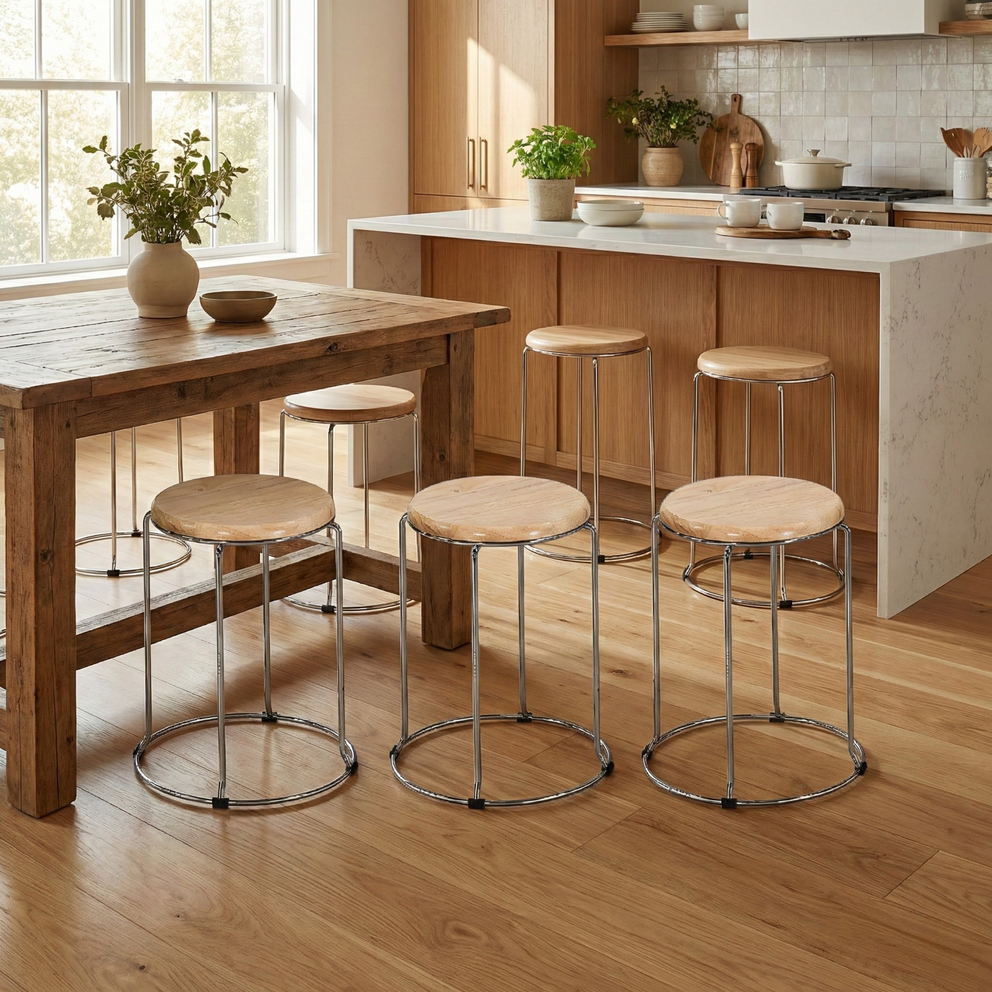 Nutech Impex Modern Wooden Stool with Metal Frame | Minimal Multipurpose Seating