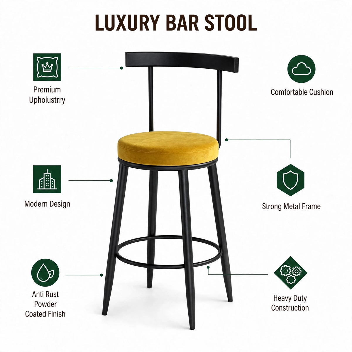 Nutech Decor Velvet Counter Height Bar Stool with Solid Backrest with Black & Gold Legs | Kitchen & Bar Seating