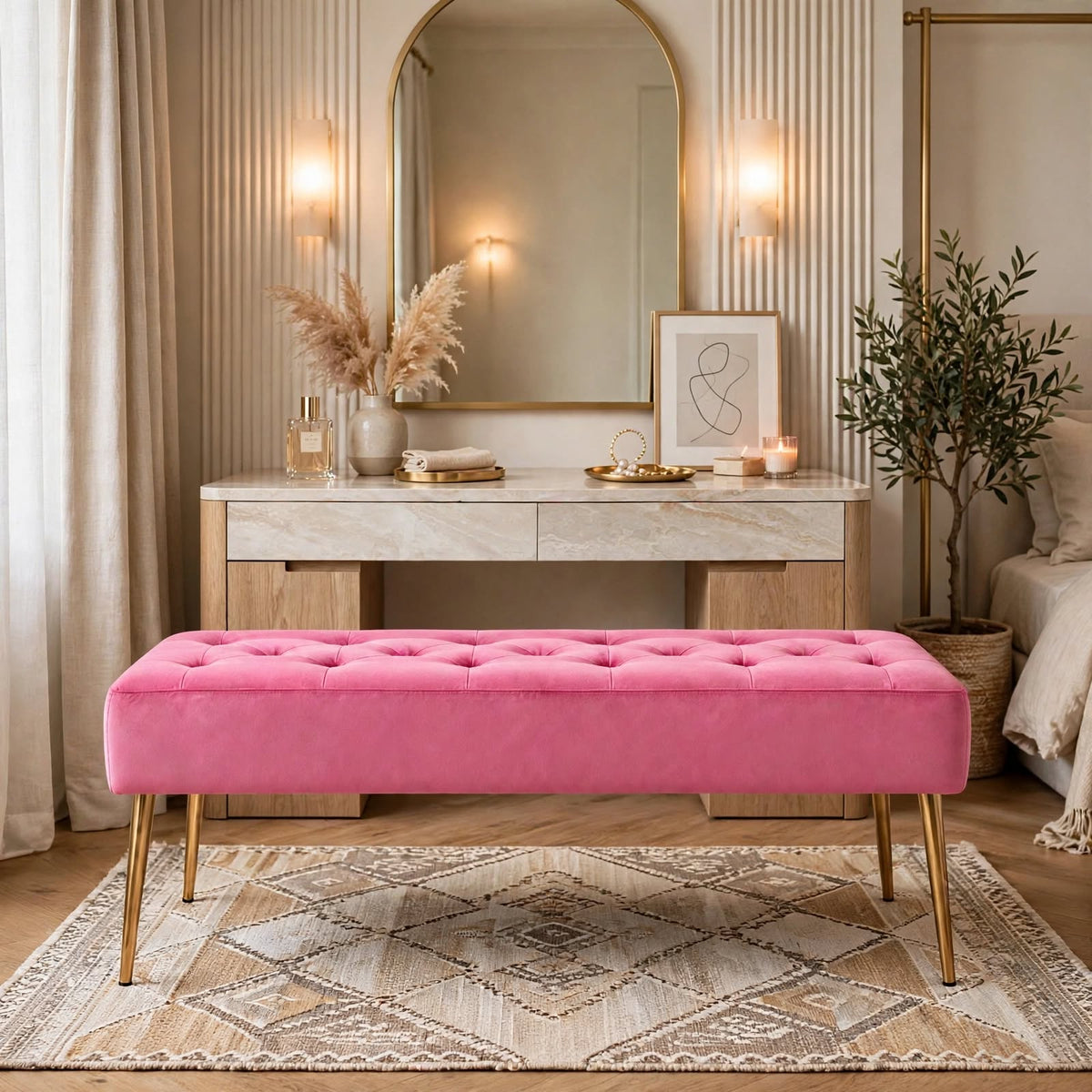Nutech Impex Modern Velvet Bench Ottoman with Gold Metal Legs | Tufted Upholstered Bench for Bedroom, Living Room & Entryway | Footrest & Accent Seating