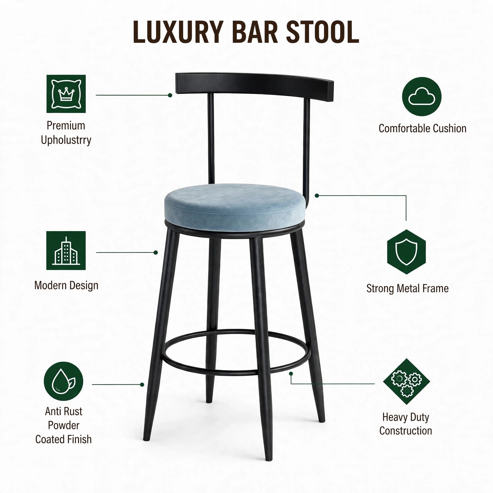 Nutech Decor Velvet Counter Height Bar Stool with Solid Backrest with Black Legs | Kitchen & Bar Seating