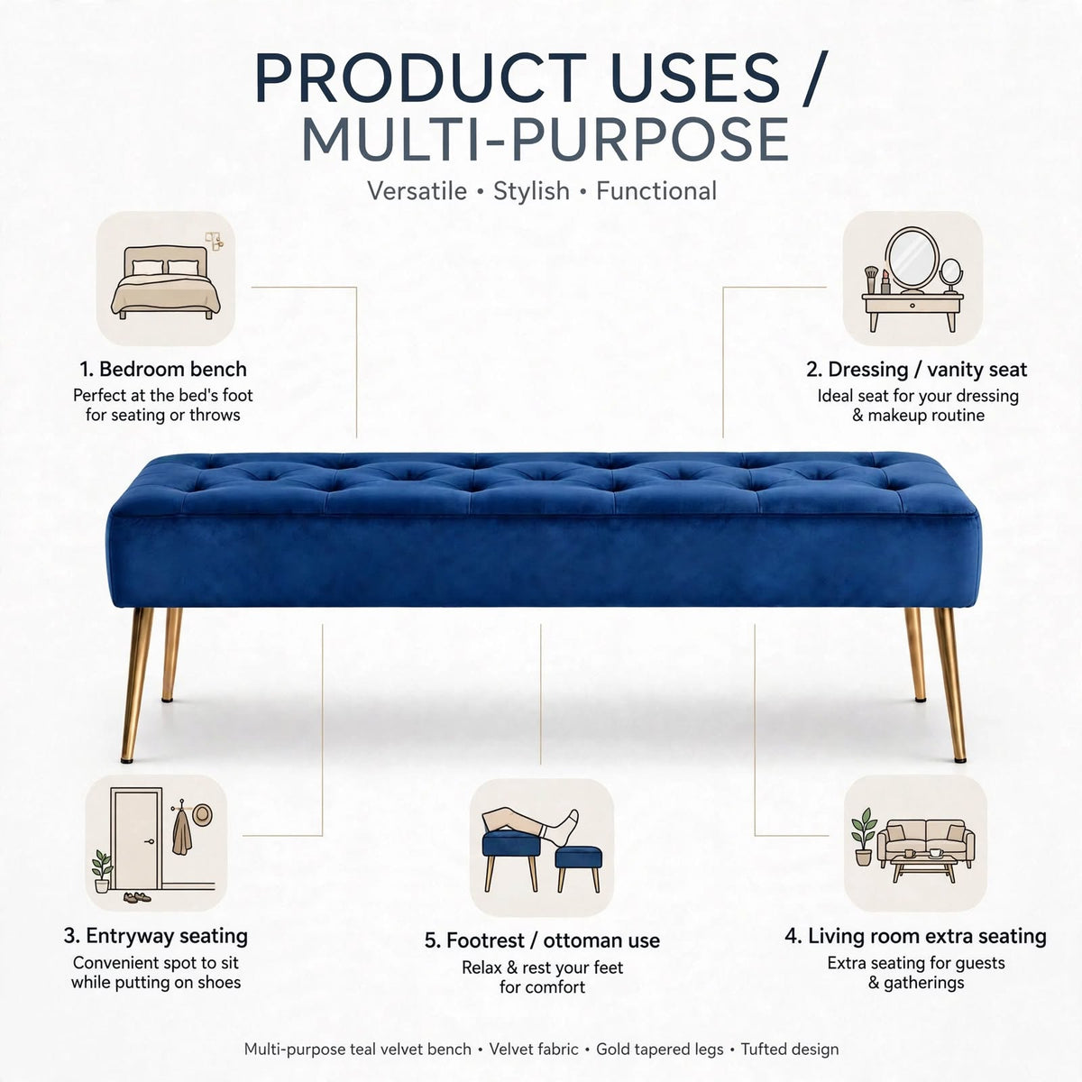 Nutech Impex Modern Velvet Bench Ottoman with Gold Metal Legs | Tufted Upholstered Bench for Bedroom, Living Room & Entryway | Footrest & Accent Seating