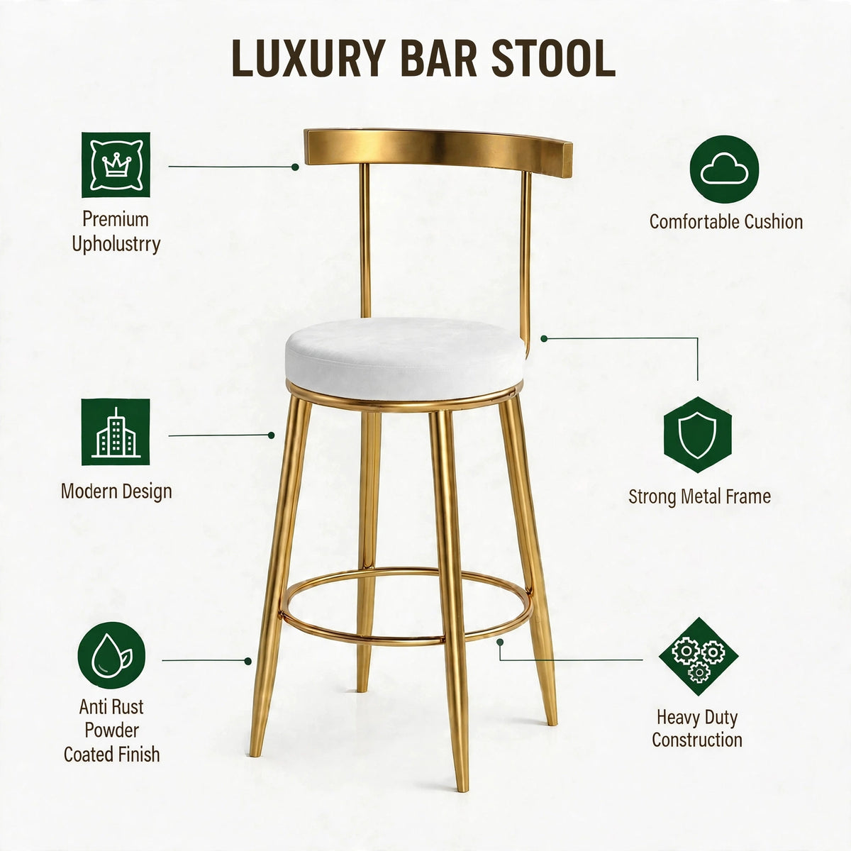 Nutech Decor Velvet Counter Height Bar Stool with Solid Backrest with Black & Gold Legs | Kitchen & Bar Seating