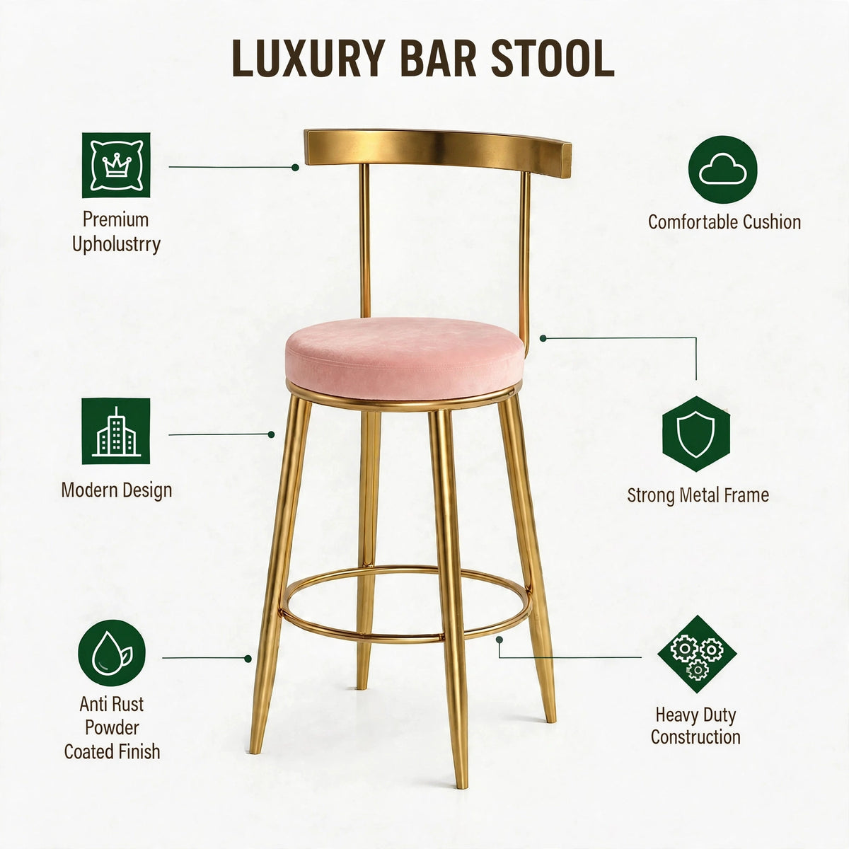 Nutech Decor Velvet Counter Height Bar Stool with Solid Backrest with Gold Legs | Kitchen & Bar Seating