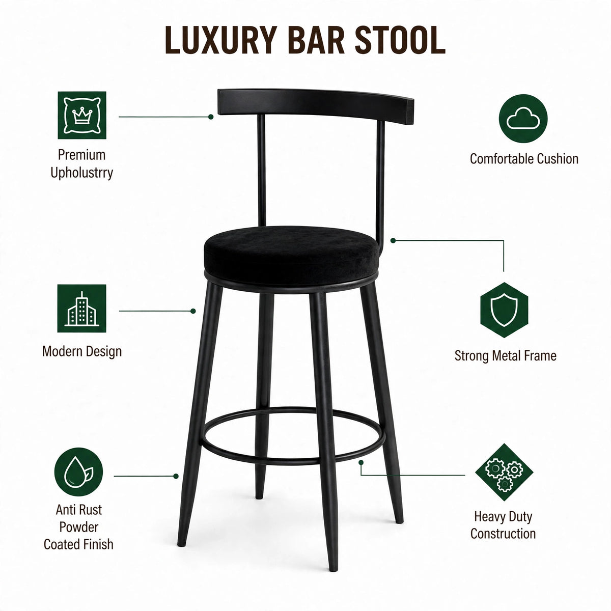 Nutech Decor Velvet Counter Height Bar Stool with Solid Backrest with Black Legs | Kitchen & Bar Seating