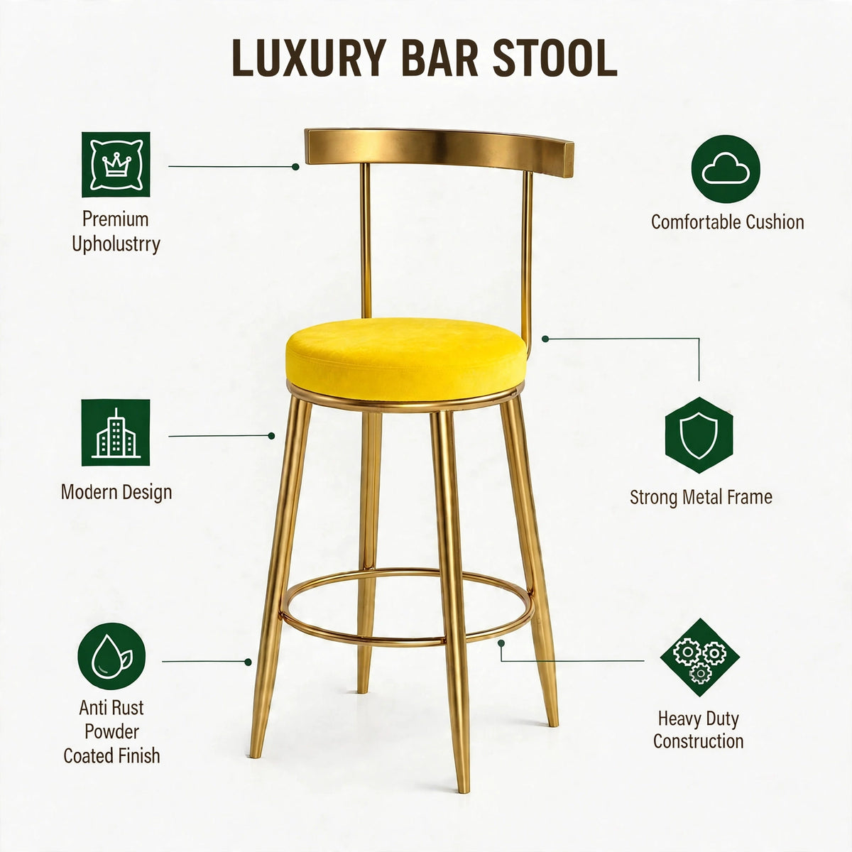 Nutech Decor Velvet Counter Height Bar Stool with Solid Backrest with Gold Legs | Kitchen & Bar Seating