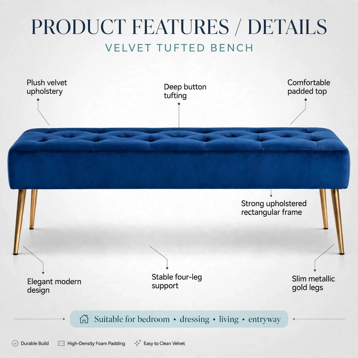 Nutech Impex Modern Velvet Bench Ottoman with Gold Metal Legs | Tufted Upholstered Bench for Bedroom, Living Room & Entryway | Footrest & Accent Seating