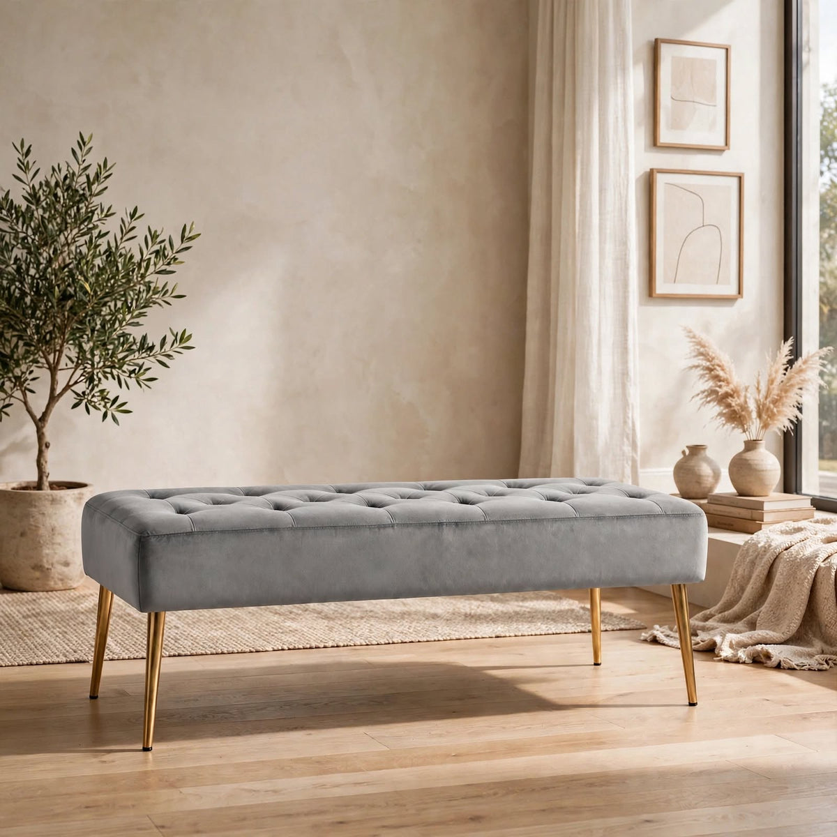 Nutech Impex Modern Velvet Bench Ottoman with Gold Metal Legs | Tufted Upholstered Bench for Bedroom, Living Room & Entryway | Footrest & Accent Seating