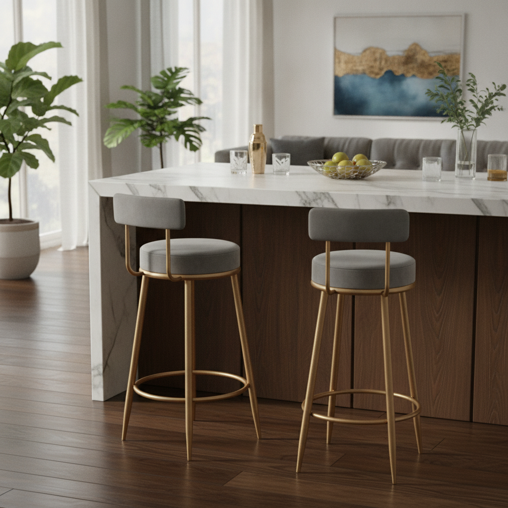 Nutech Decor Velvet Counter Height Bar Stool with Padded Backrest with Black & Gold Legs | Kitchen & Bar Seating